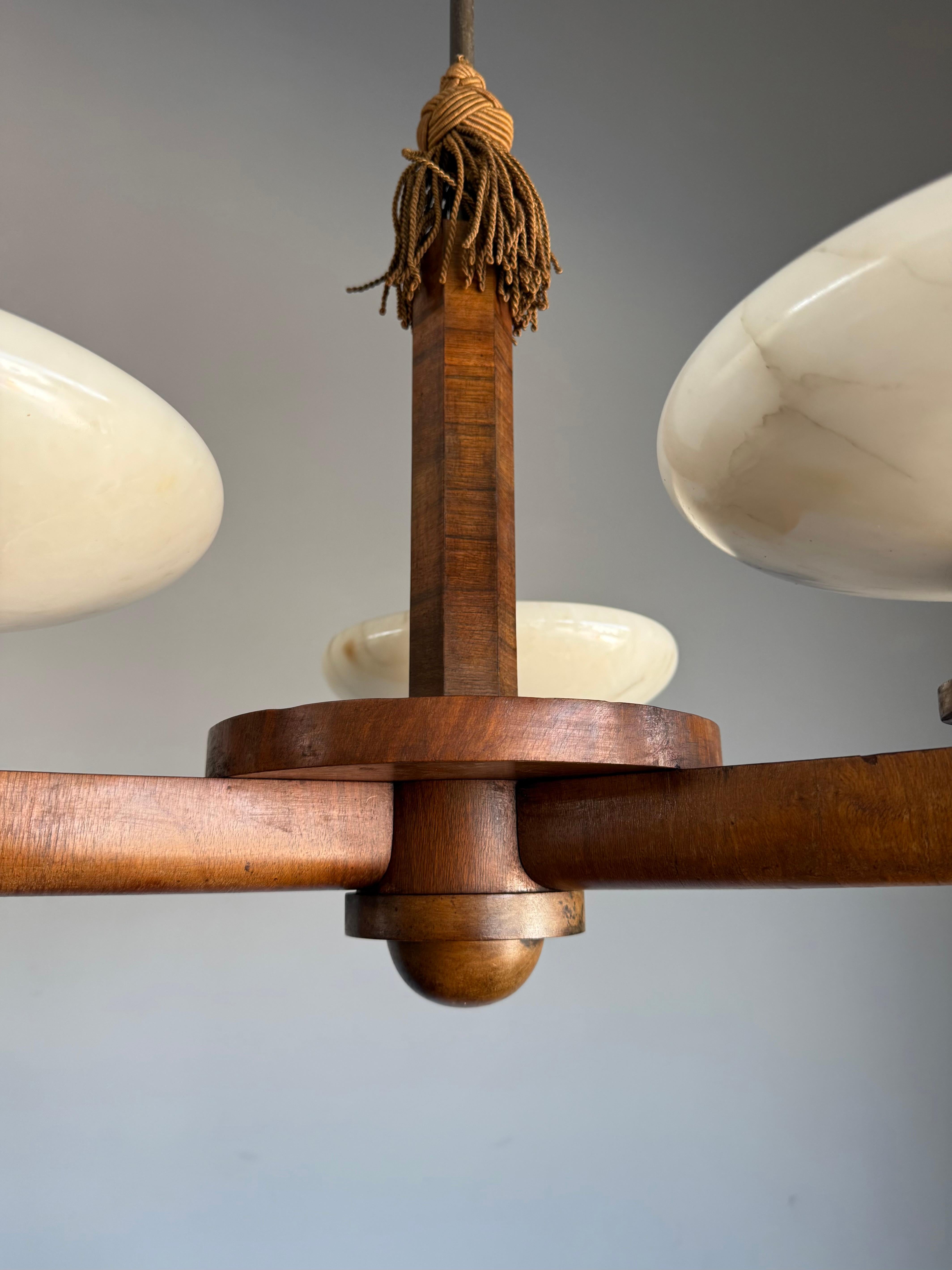 Top Art Deco Design Nutwood and Three Alabaster shades Pendant Light / Fixture For Sale 2
