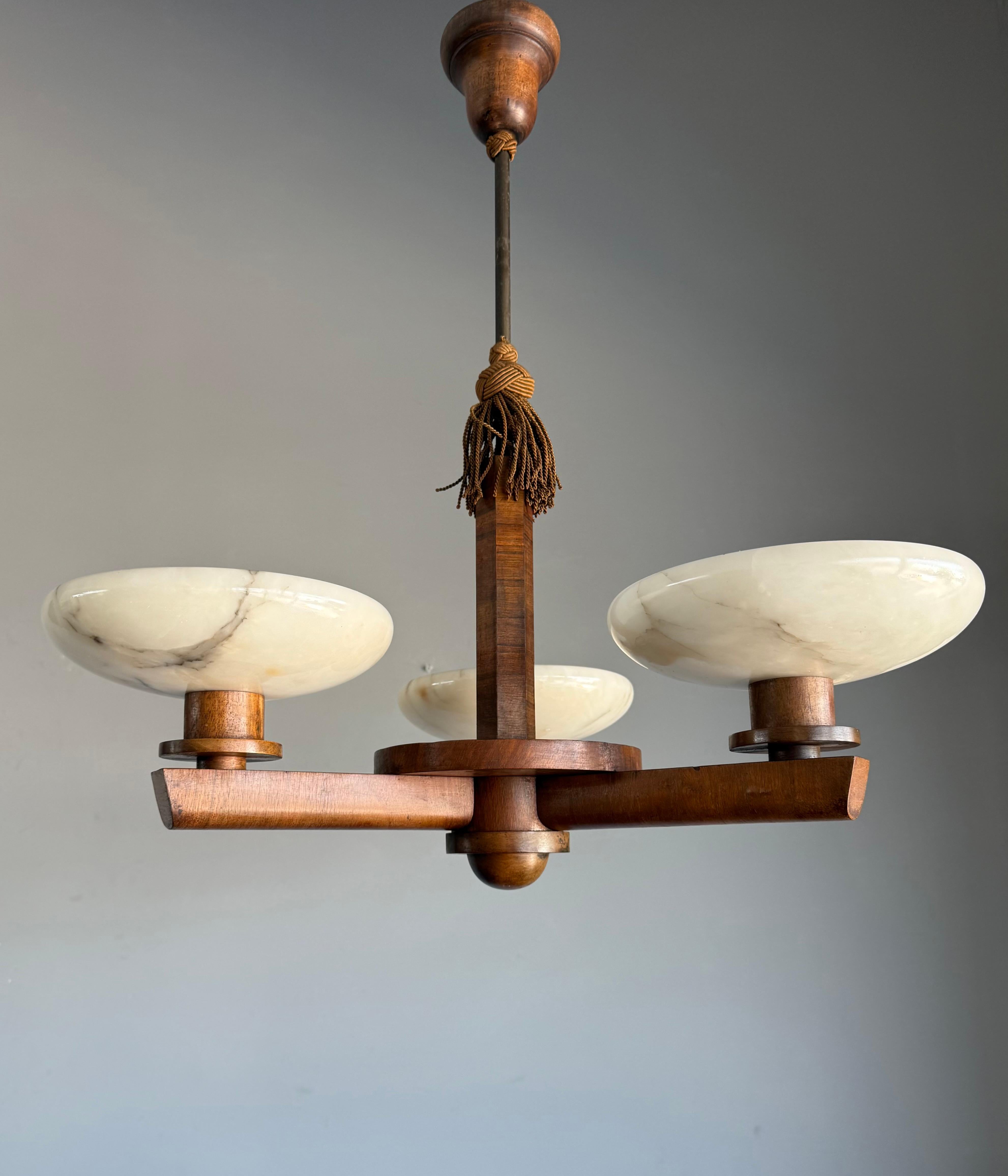 Top Art Deco Design Nutwood and Three Alabaster shades Pendant Light / Fixture For Sale 3