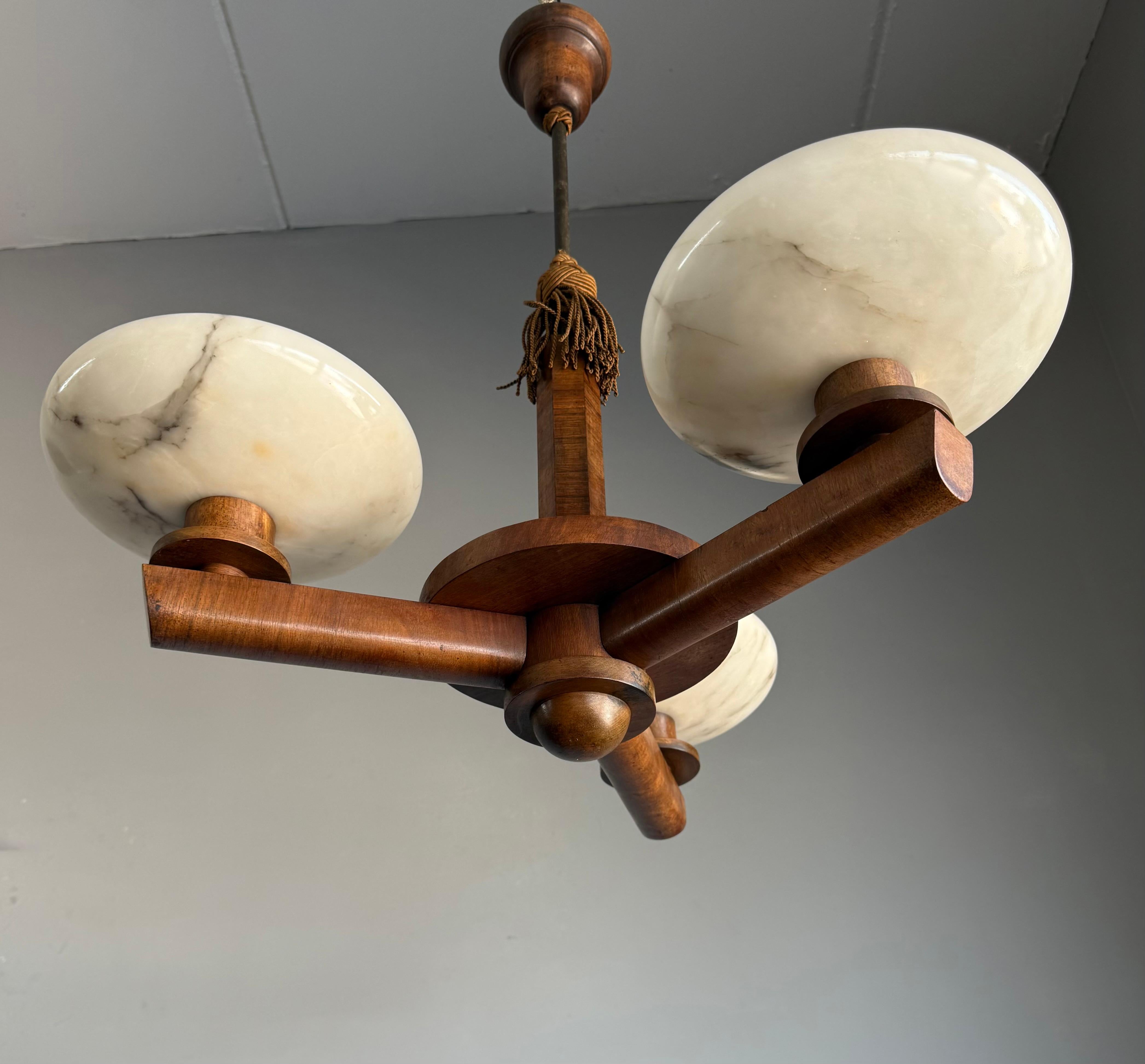 Top Art Deco Design Nutwood and Three Alabaster shades Pendant Light / Fixture For Sale 4