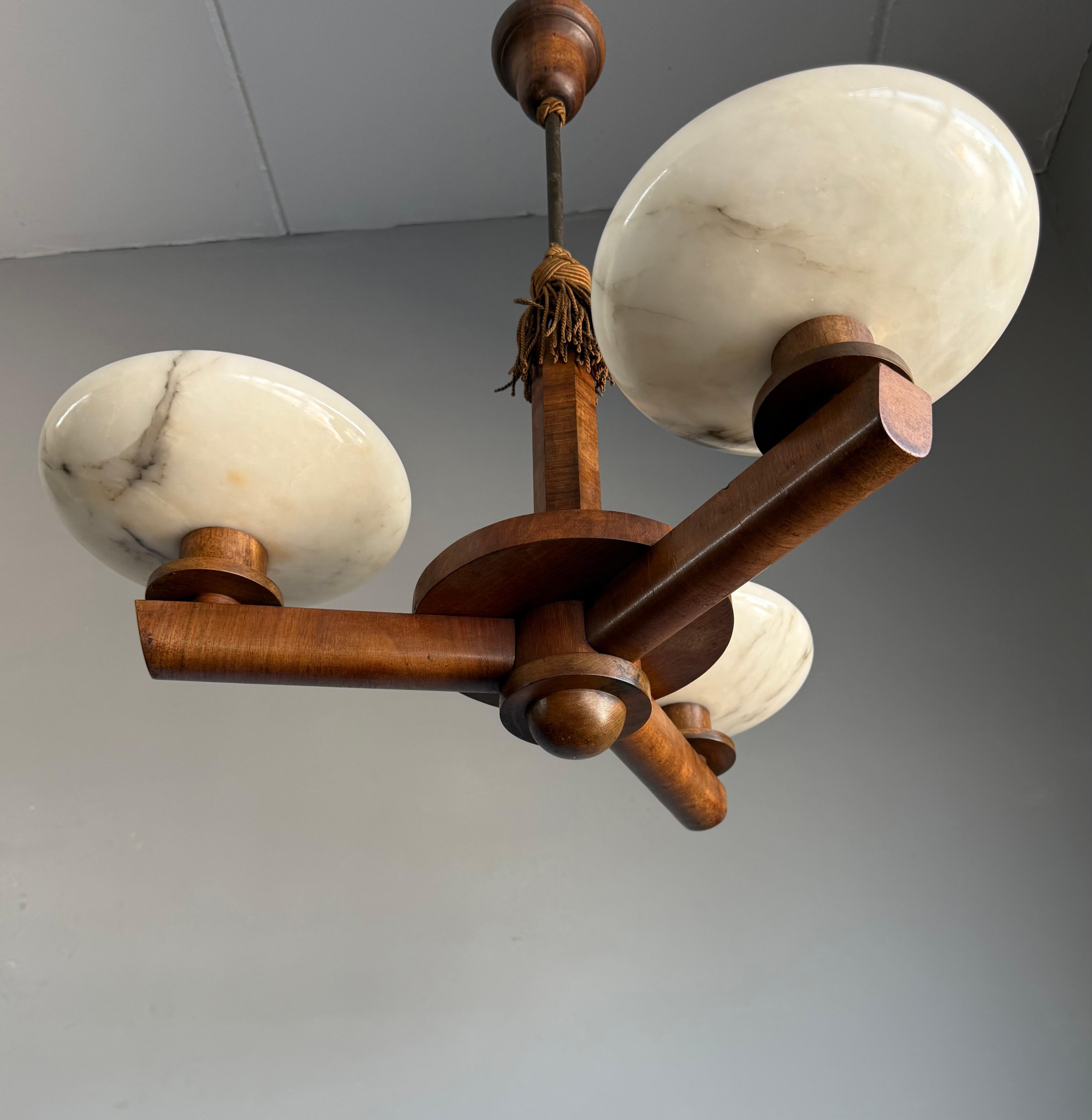 Top Art Deco Design Nutwood and Three Alabaster shades Pendant Light / Fixture For Sale 5