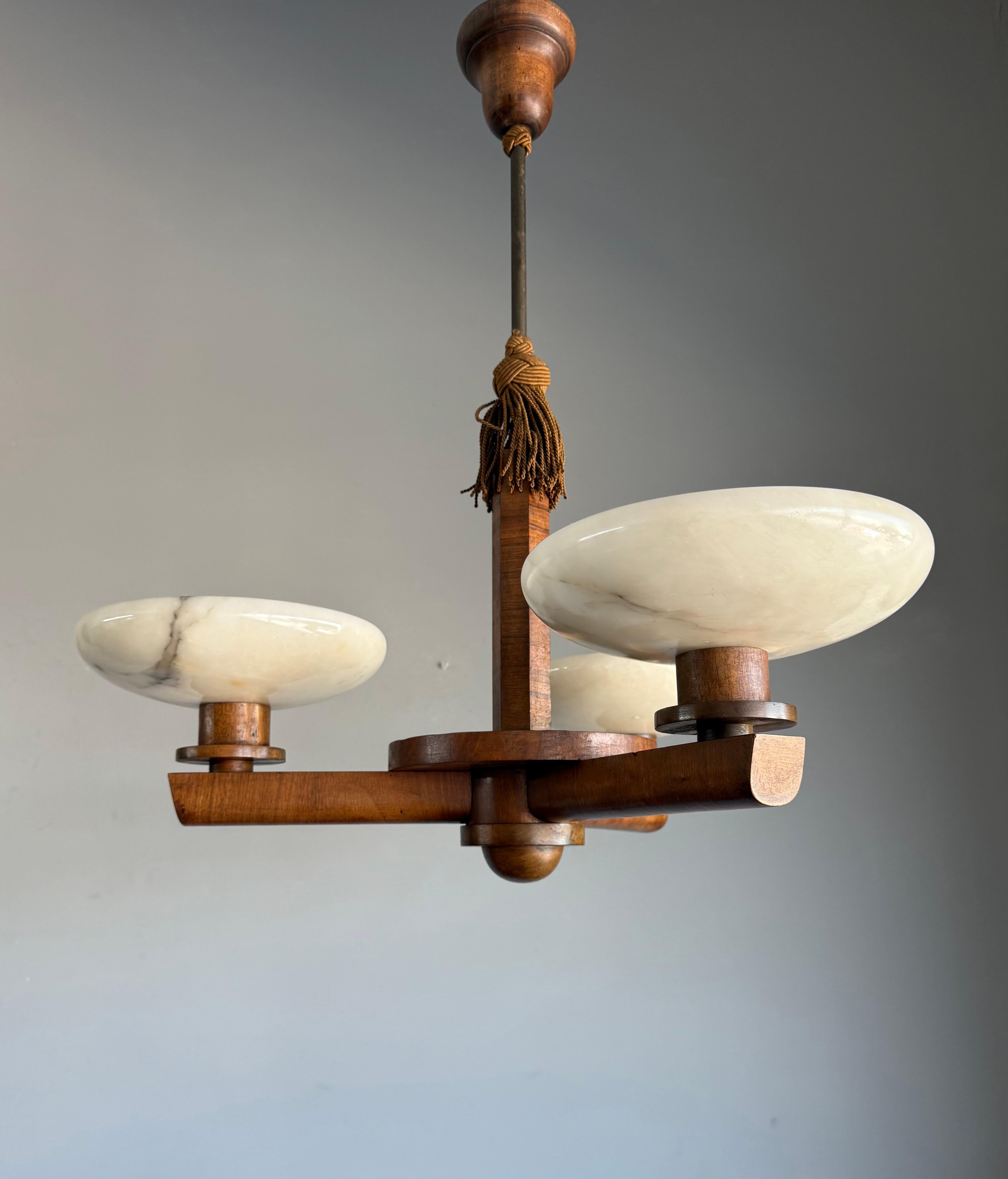 Top Art Deco Design Nutwood and Three Alabaster shades Pendant Light / Fixture For Sale 6