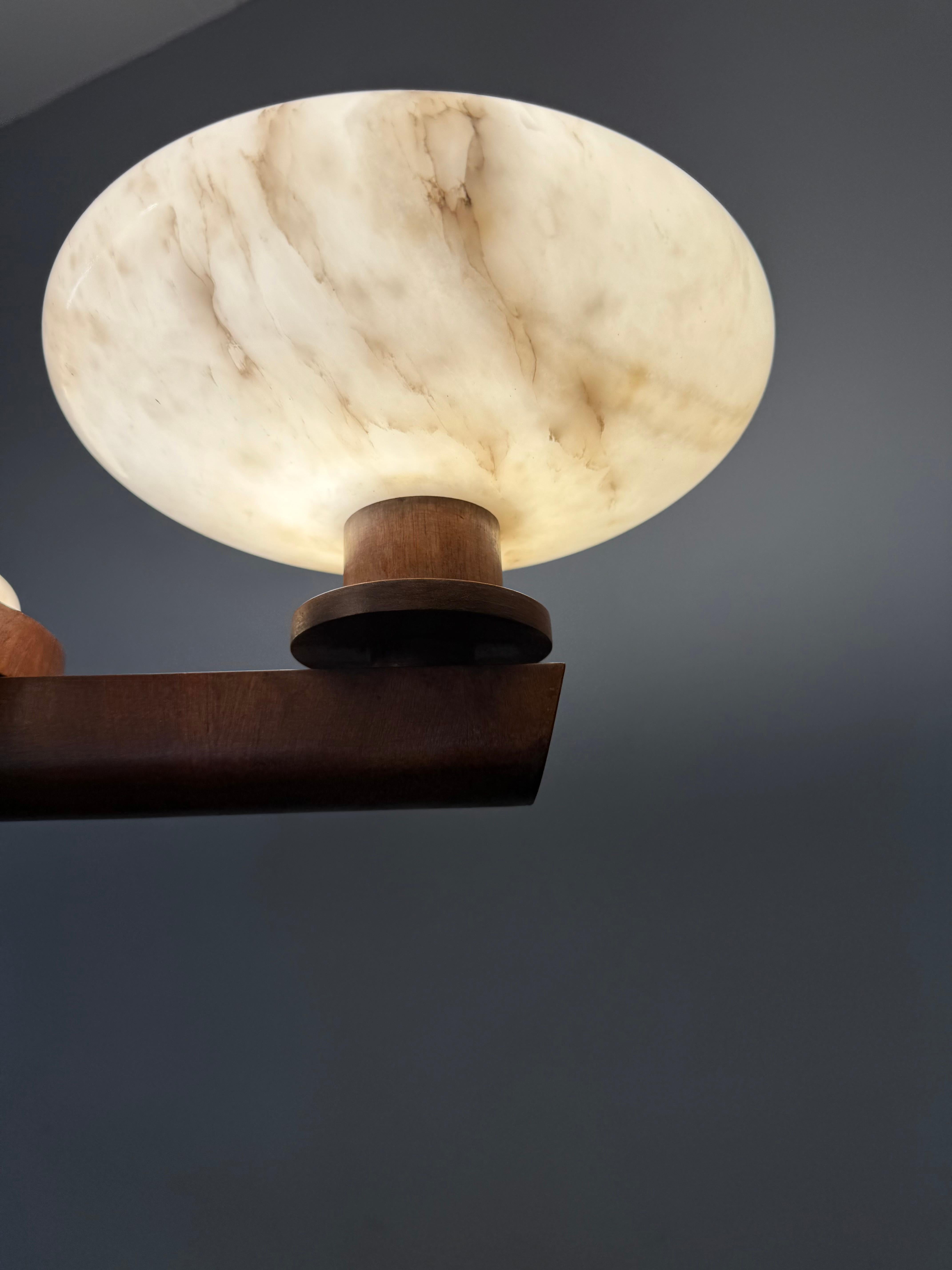 Top Art Deco Design Nutwood and Three Alabaster shades Pendant Light / Fixture For Sale 7