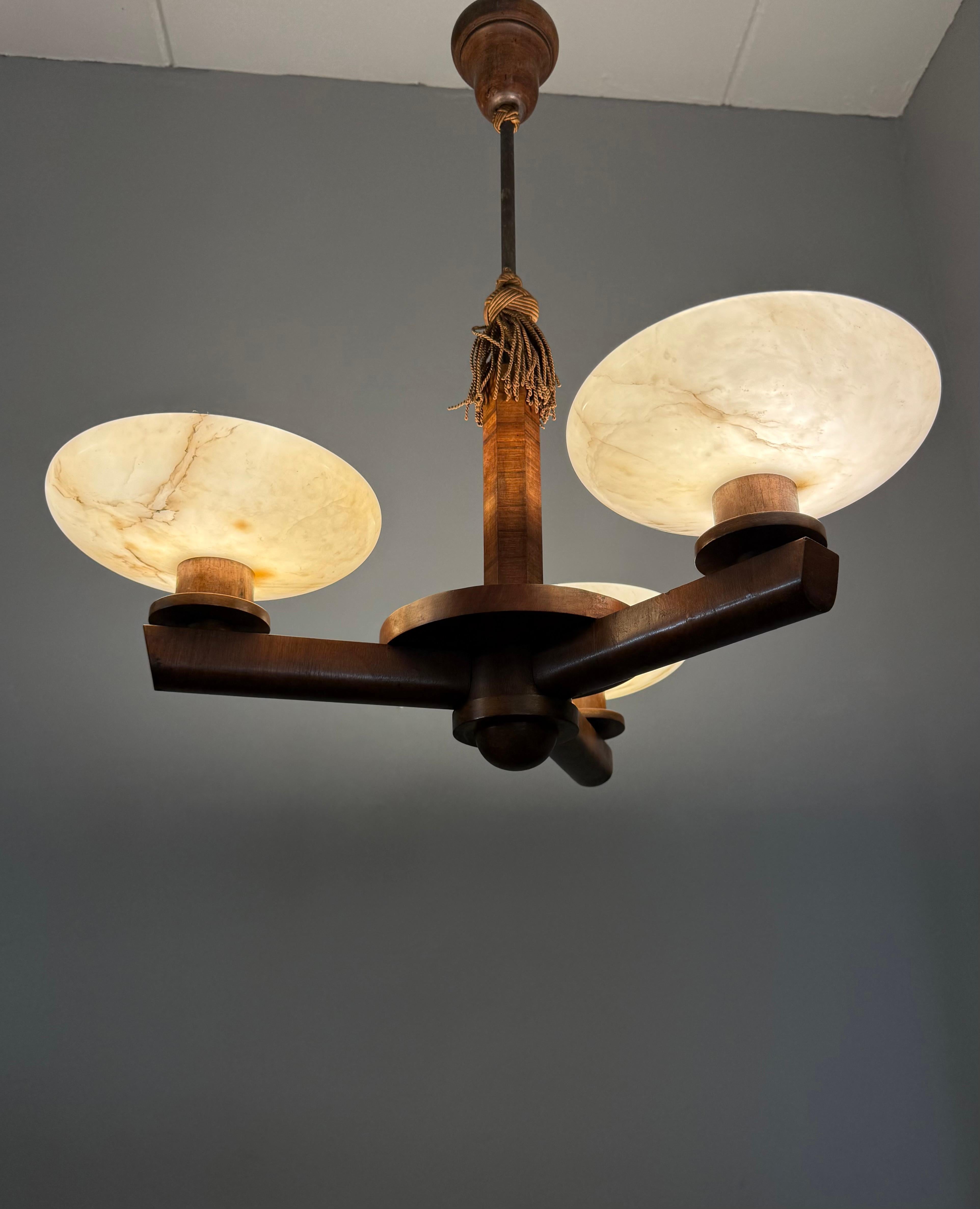Top Art Deco Design Nutwood and Three Alabaster shades Pendant Light / Fixture For Sale 8