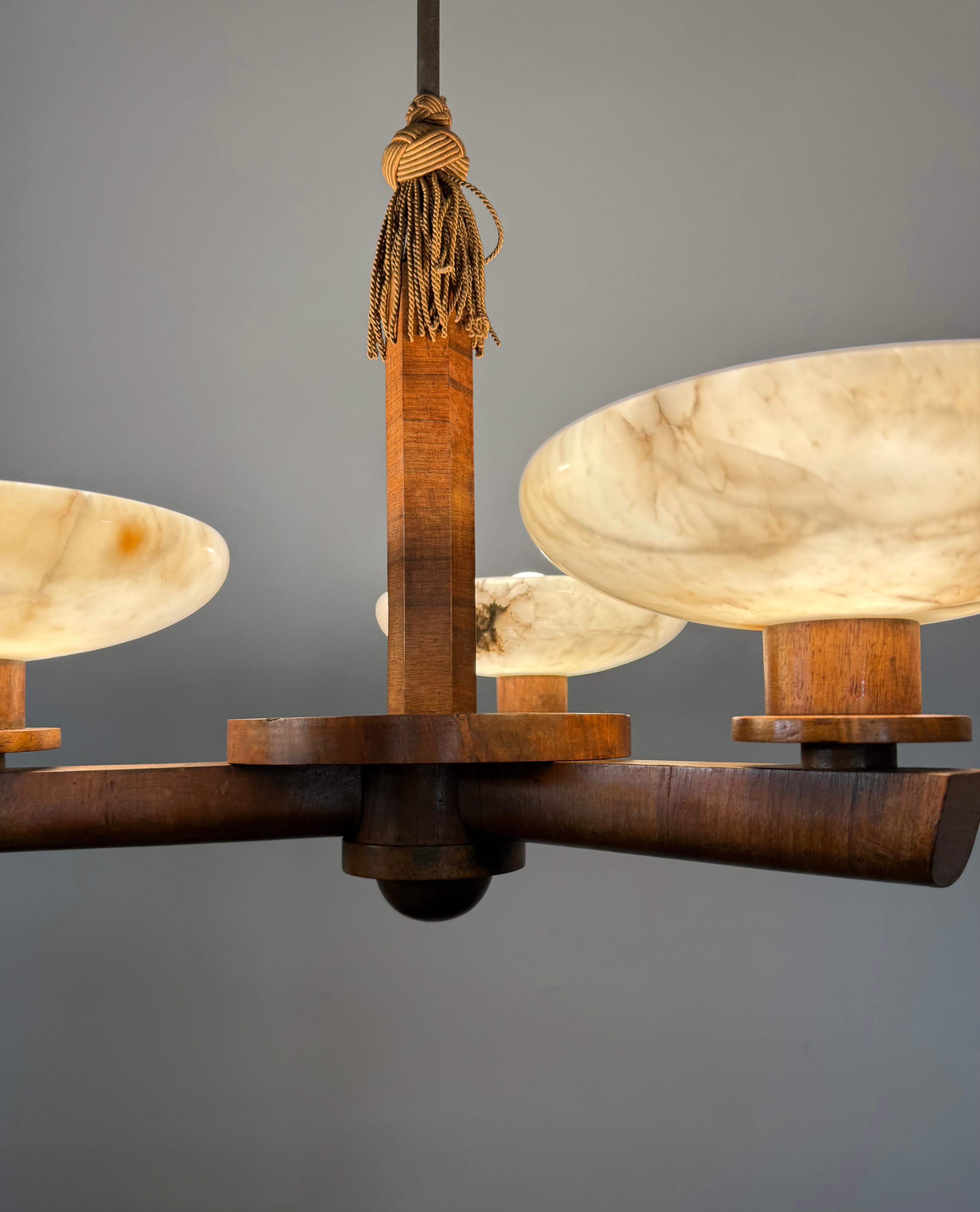 Top Art Deco Design Nutwood and Three Alabaster shades Pendant Light / Fixture For Sale 10