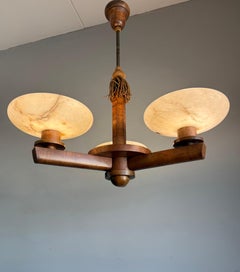 Top Art Deco Design Nutwood and Three Alabaster shades Pendant Light / Fixture