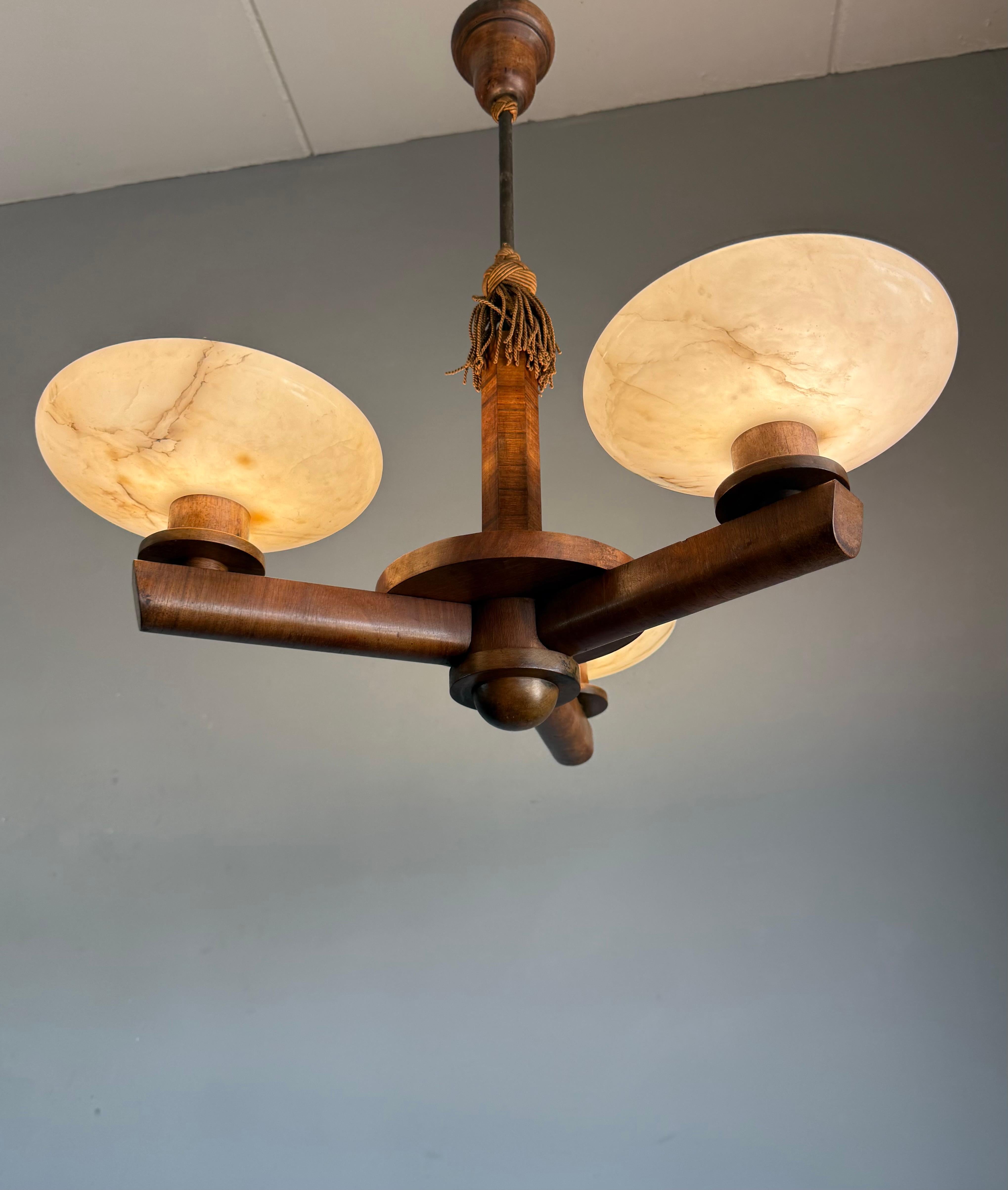 Bauhaus Top Art Deco Design Nutwood and Three Alabaster shades Pendant Light / Fixture For Sale