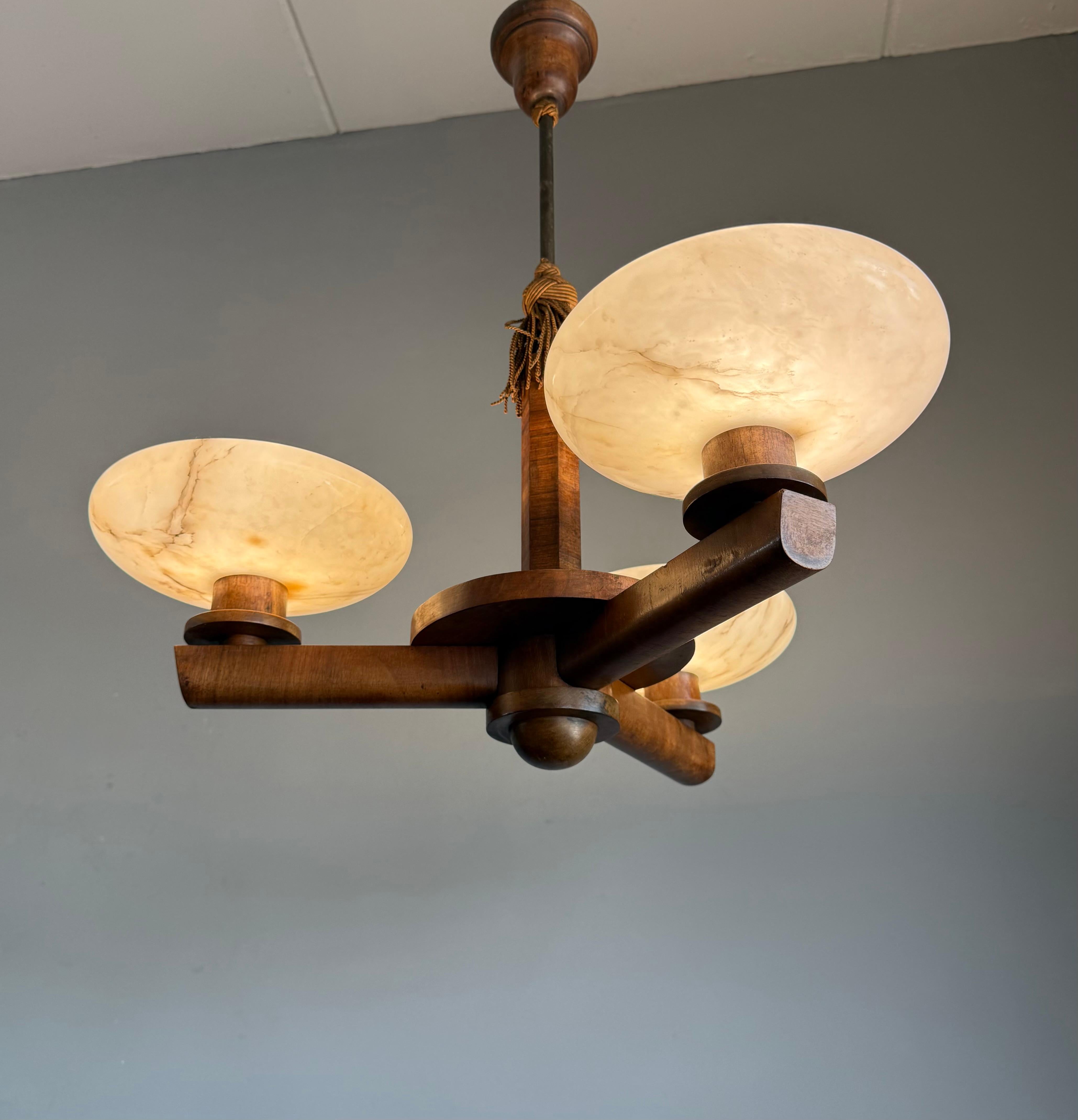 German Top Art Deco Design Nutwood and Three Alabaster shades Pendant Light / Fixture For Sale