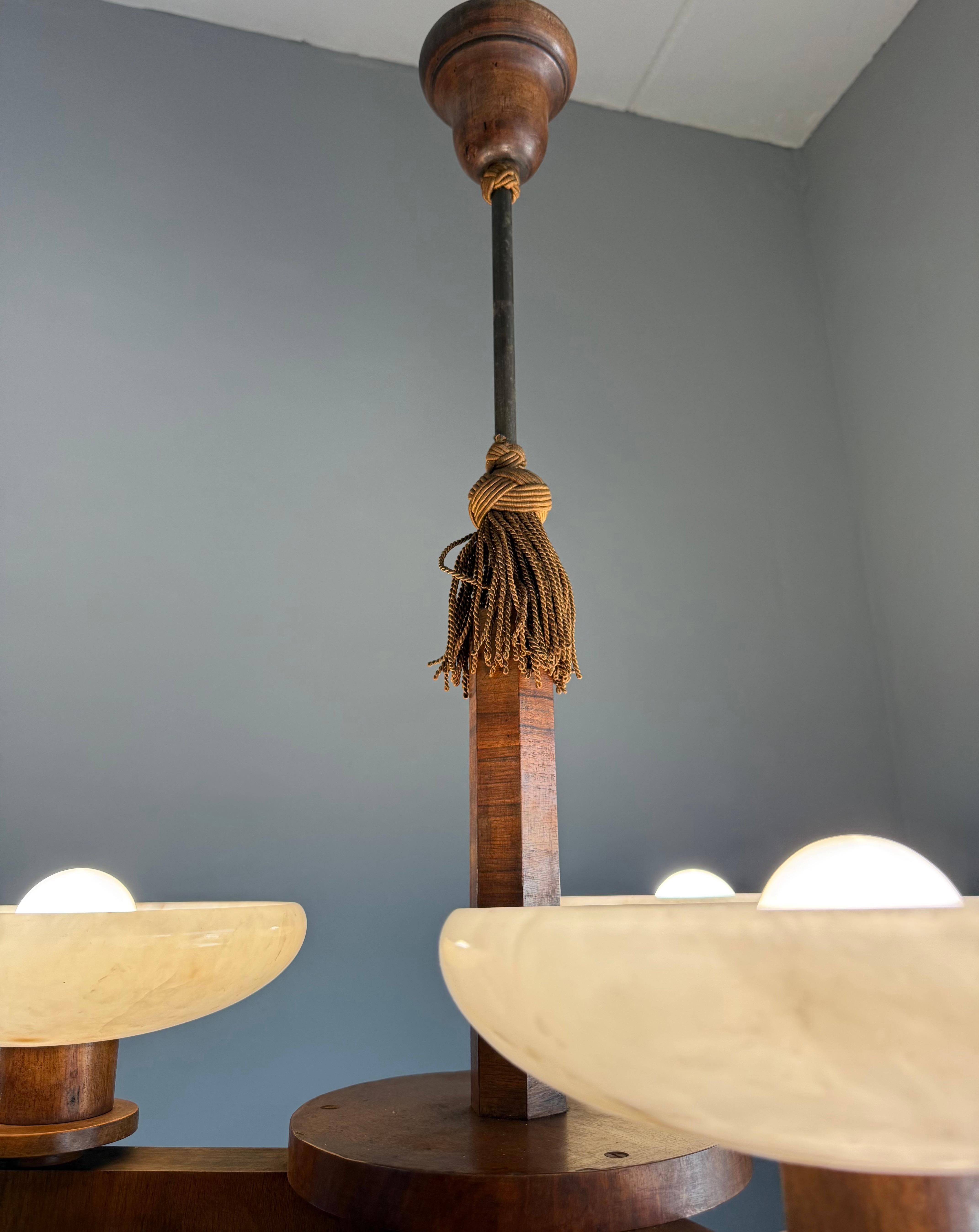 Hand-Carved Top Art Deco Design Nutwood and Three Alabaster shades Pendant Light / Fixture For Sale