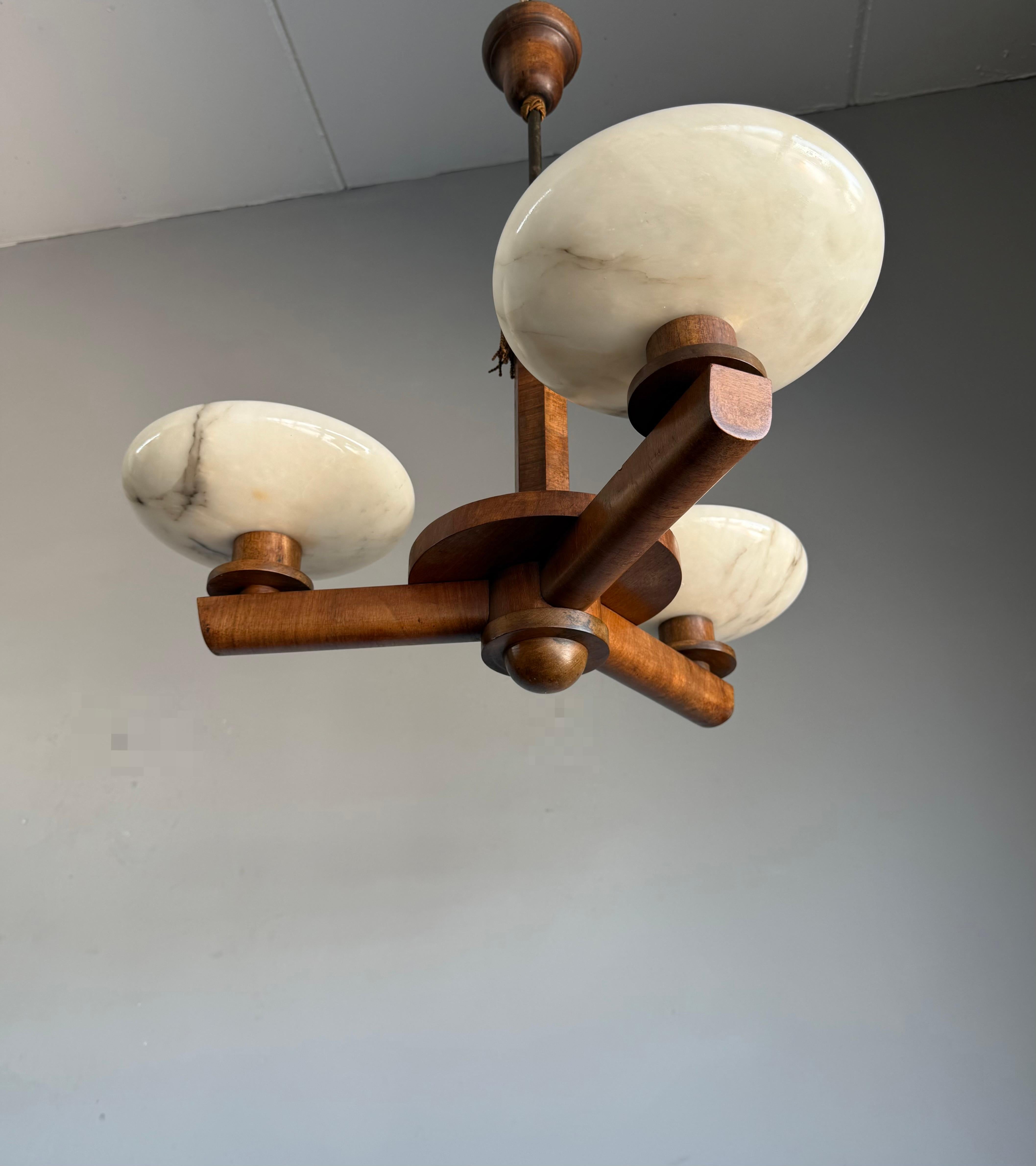 20th Century Top Art Deco Design Nutwood and Three Alabaster shades Pendant Light / Fixture For Sale