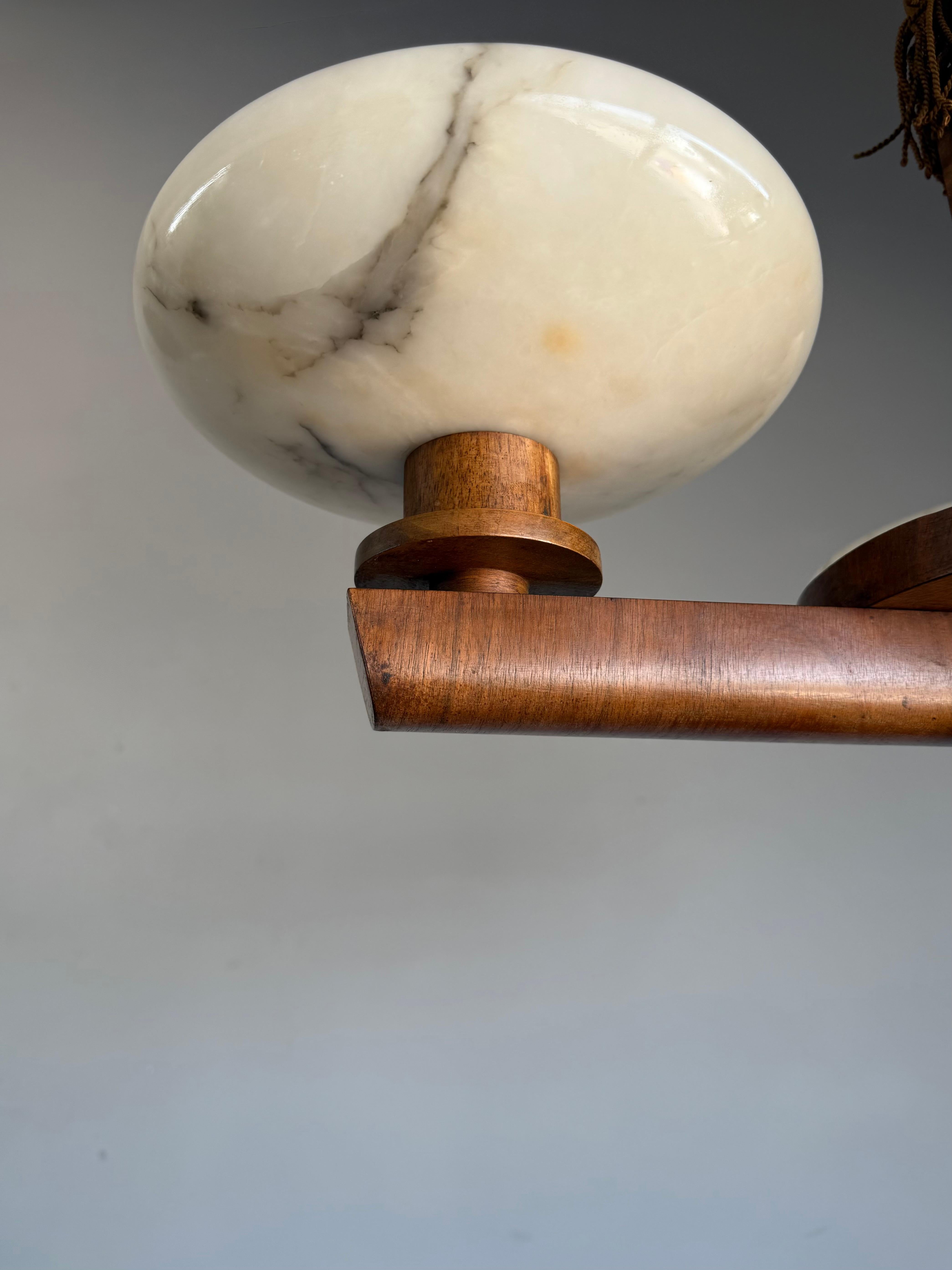 Metal Top Art Deco Design Nutwood and Three Alabaster shades Pendant Light / Fixture For Sale