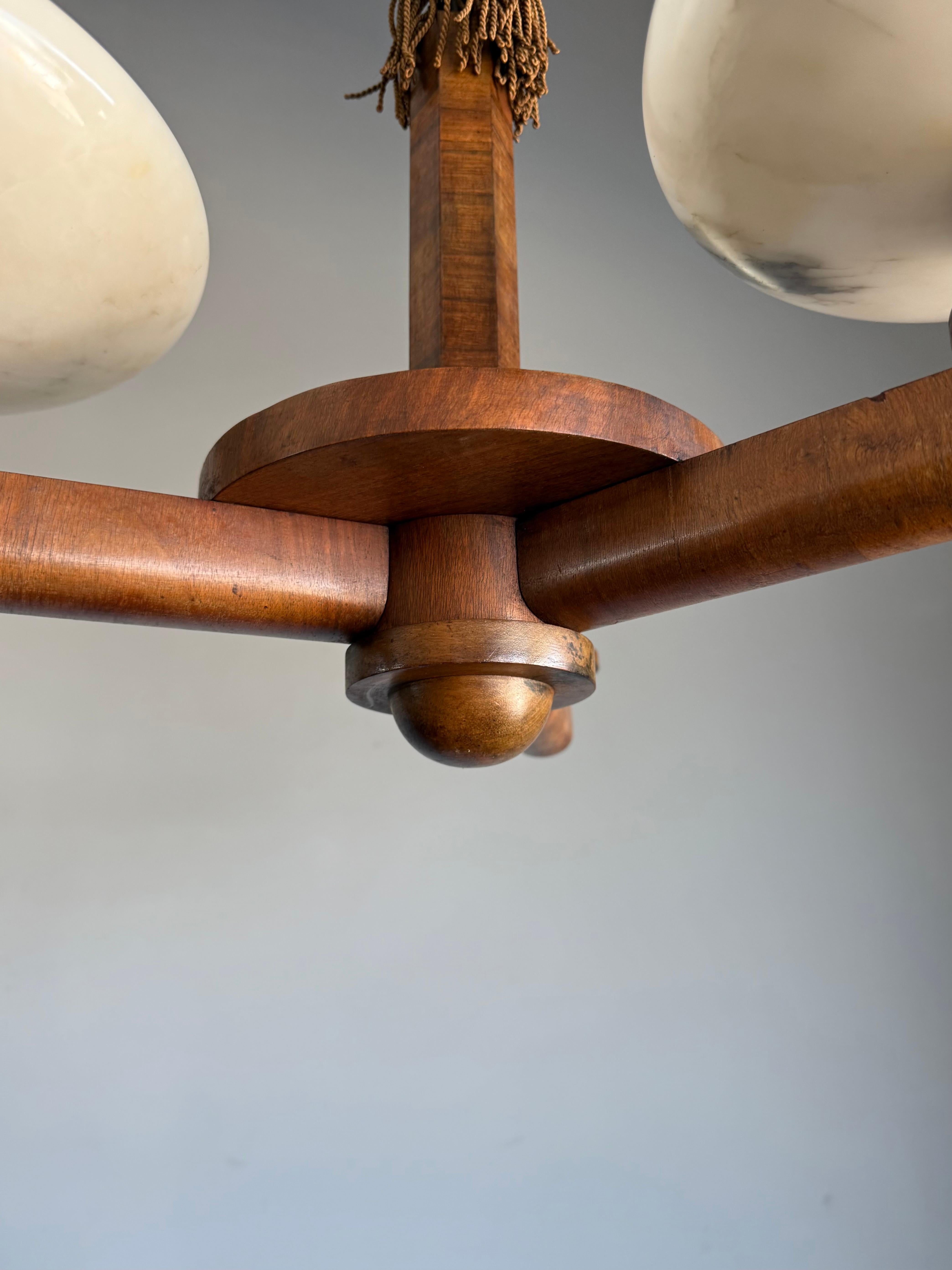 Top Art Deco Design Nutwood and Three Alabaster shades Pendant Light / Fixture For Sale 1
