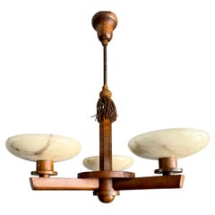 Antique Top Art Deco Design Nutwood and Three Alabaster shades Pendant Light / Fixture