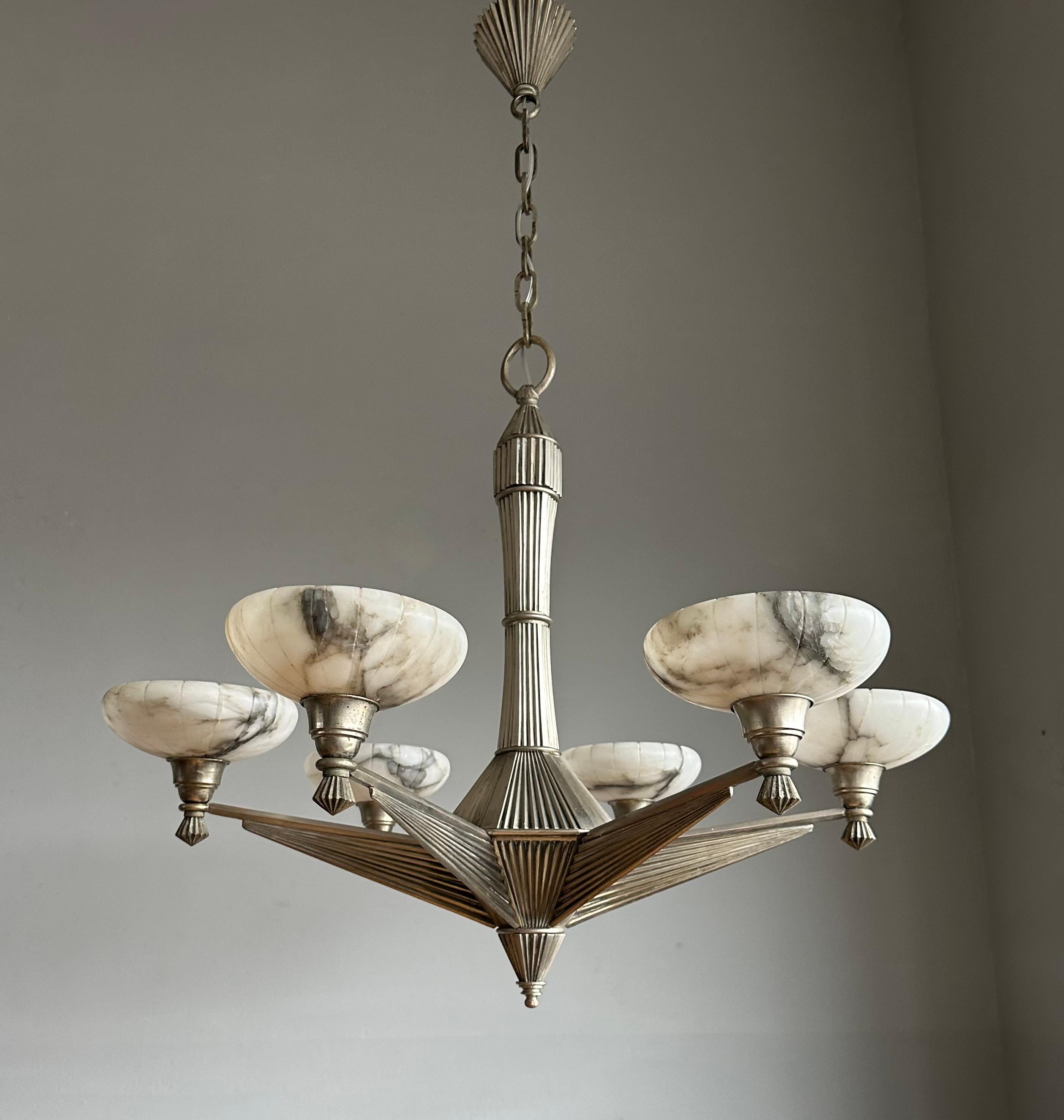Top Art Deco Design Silvered Bronze and Six Alabaster Shades Chandelier, 1920 For Sale 6