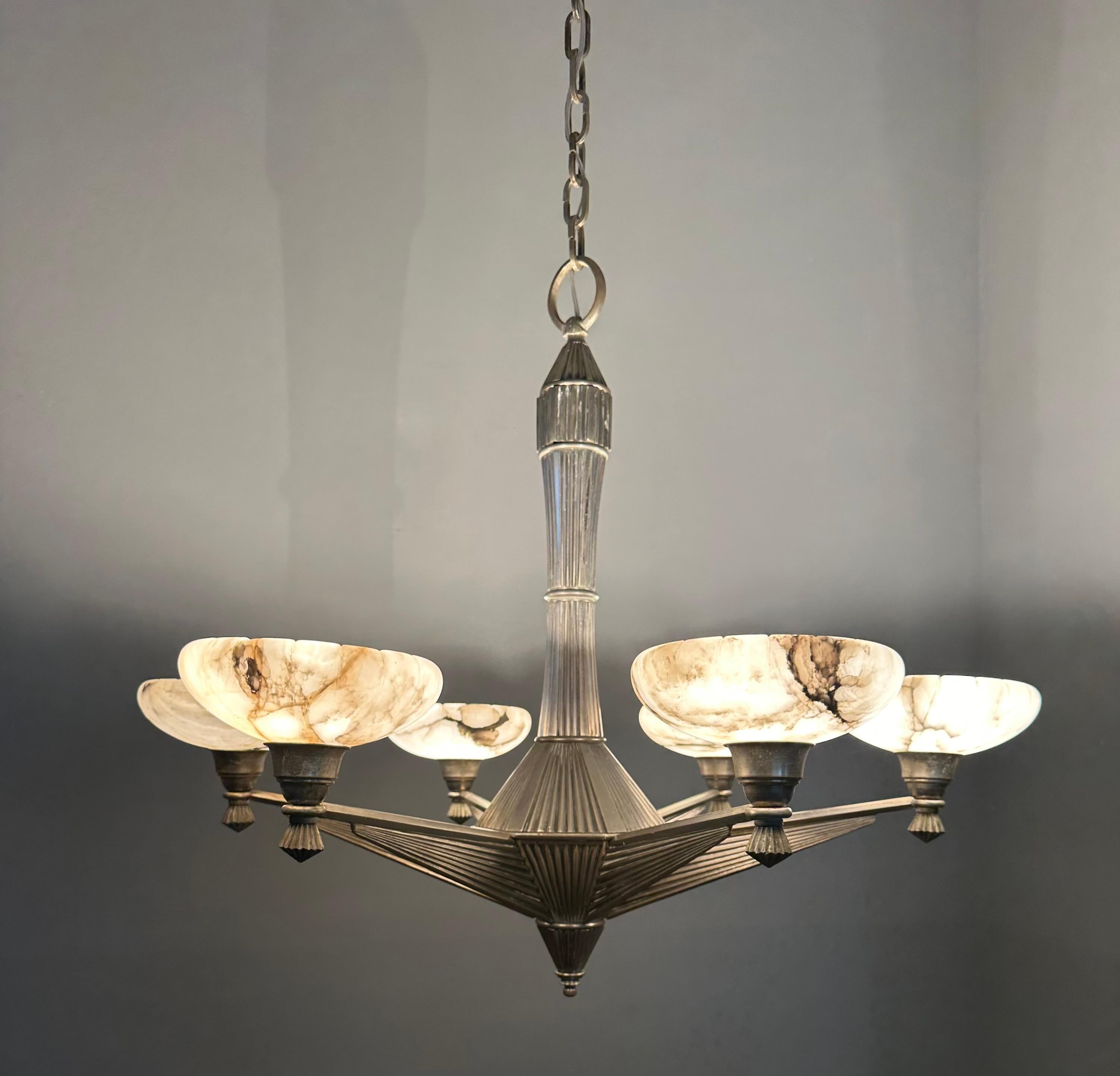 Top Art Deco Design Silvered Bronze and Six Alabaster Shades Chandelier, 1920 For Sale 9