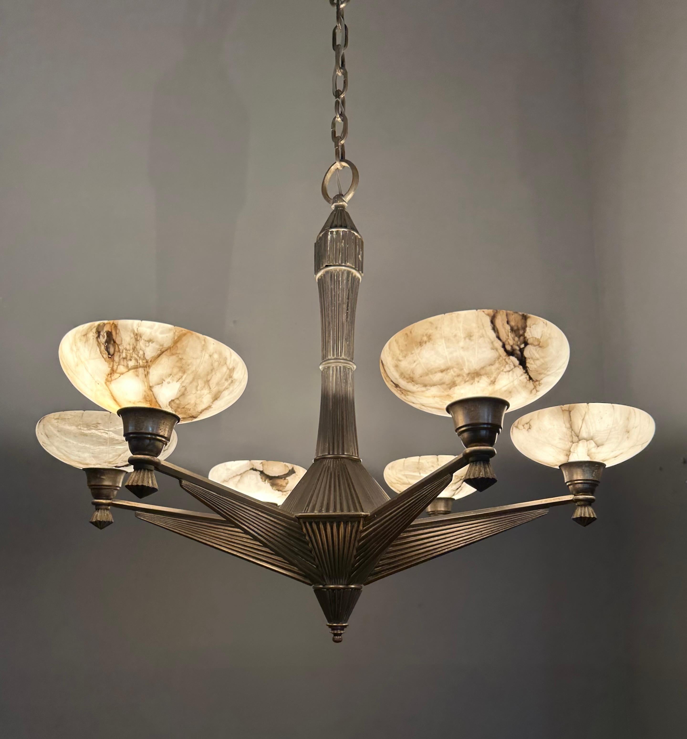 Top Art Deco Design Silvered Bronze and Six Alabaster Shades Chandelier, 1920 For Sale 14