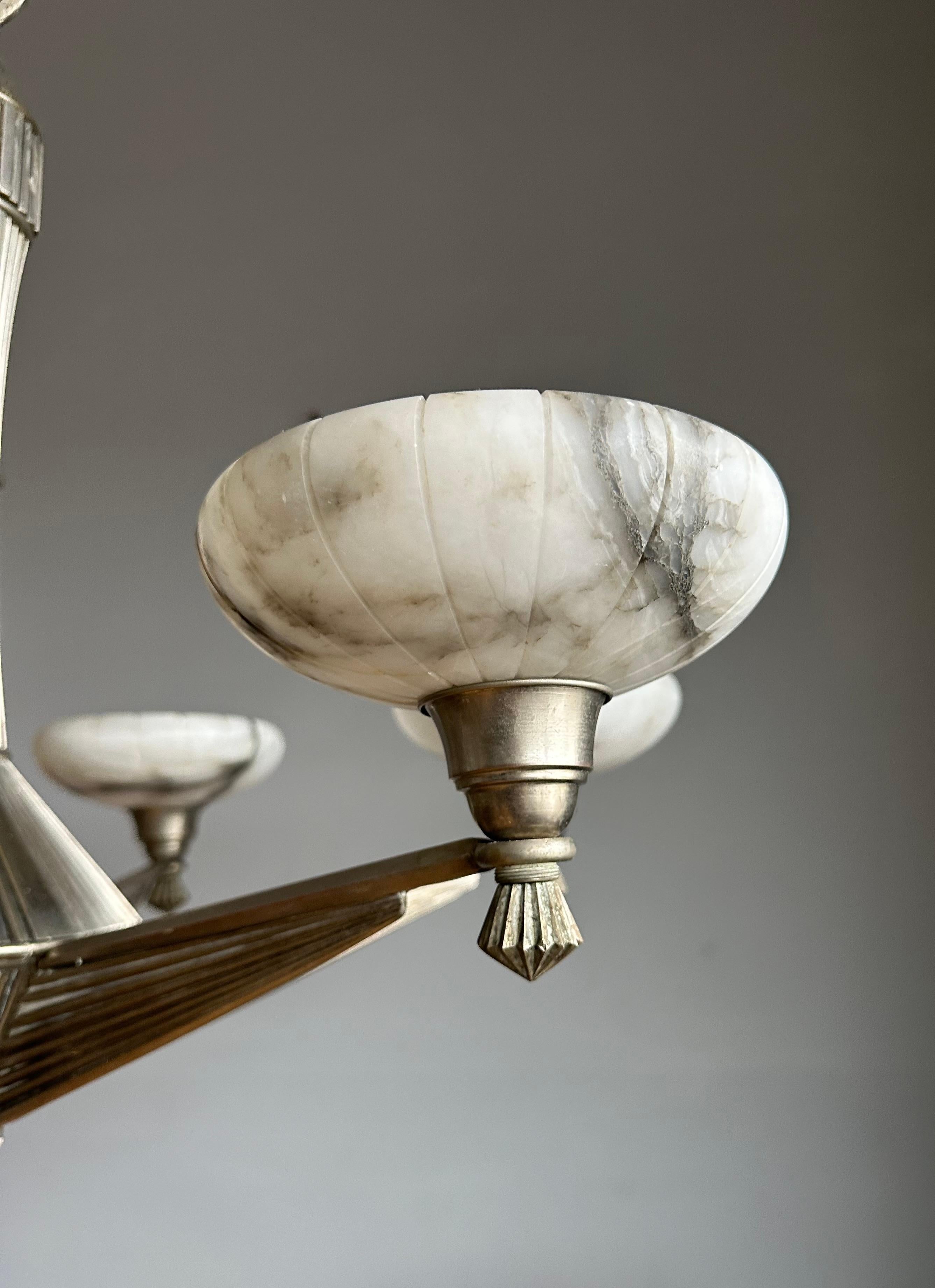 20th Century Top Art Deco Design Silvered Bronze and Six Alabaster Shades Chandelier, 1920 For Sale
