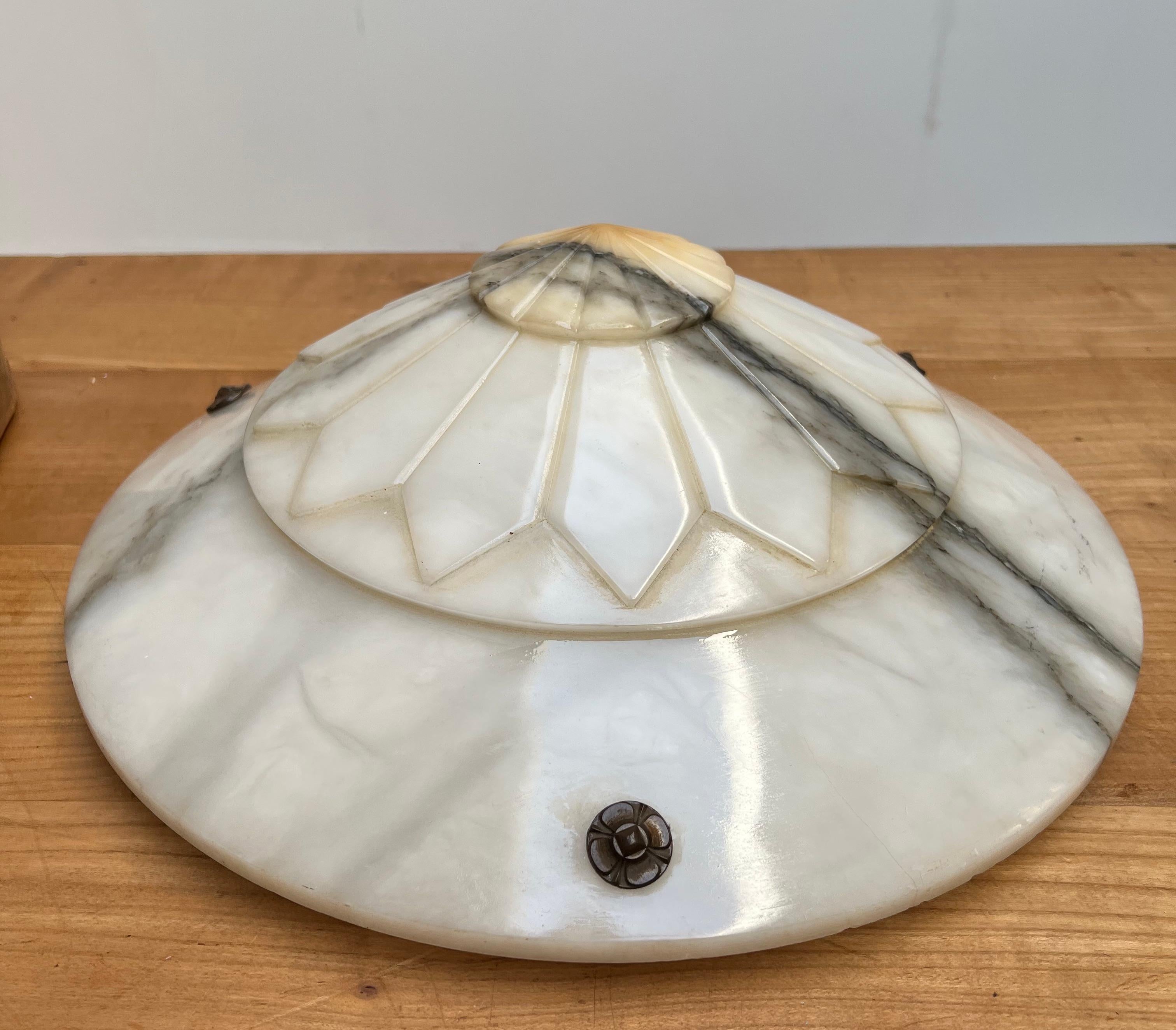 Hand-Carved Stylish and Pure Art Deco White Alabaster Pendant Light or Flush Mount, ca 1920