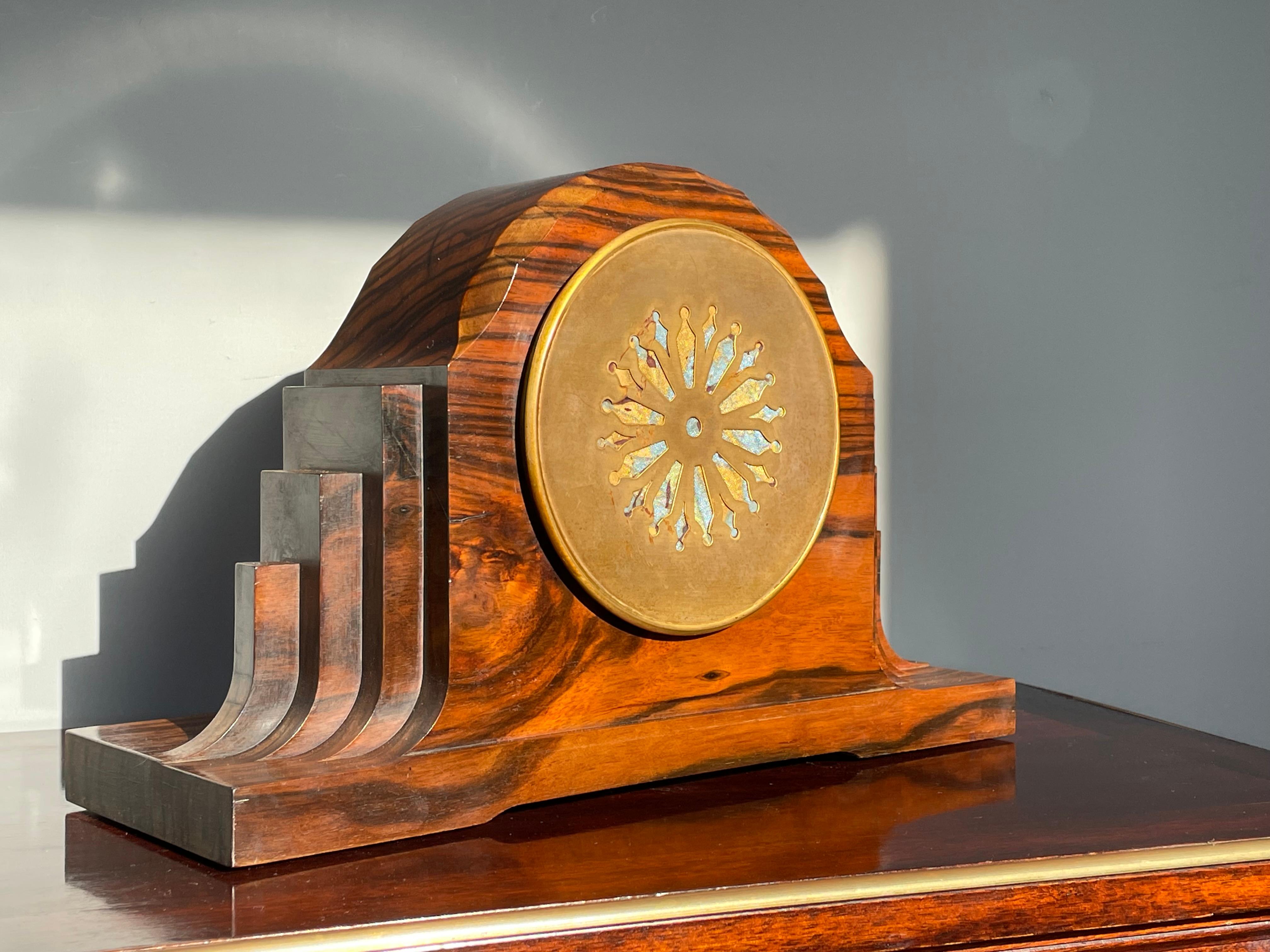 Top Design 1920s Art Deco Mantel Clock Made of Solid Coromandel w. Beveled Glass For Sale 1