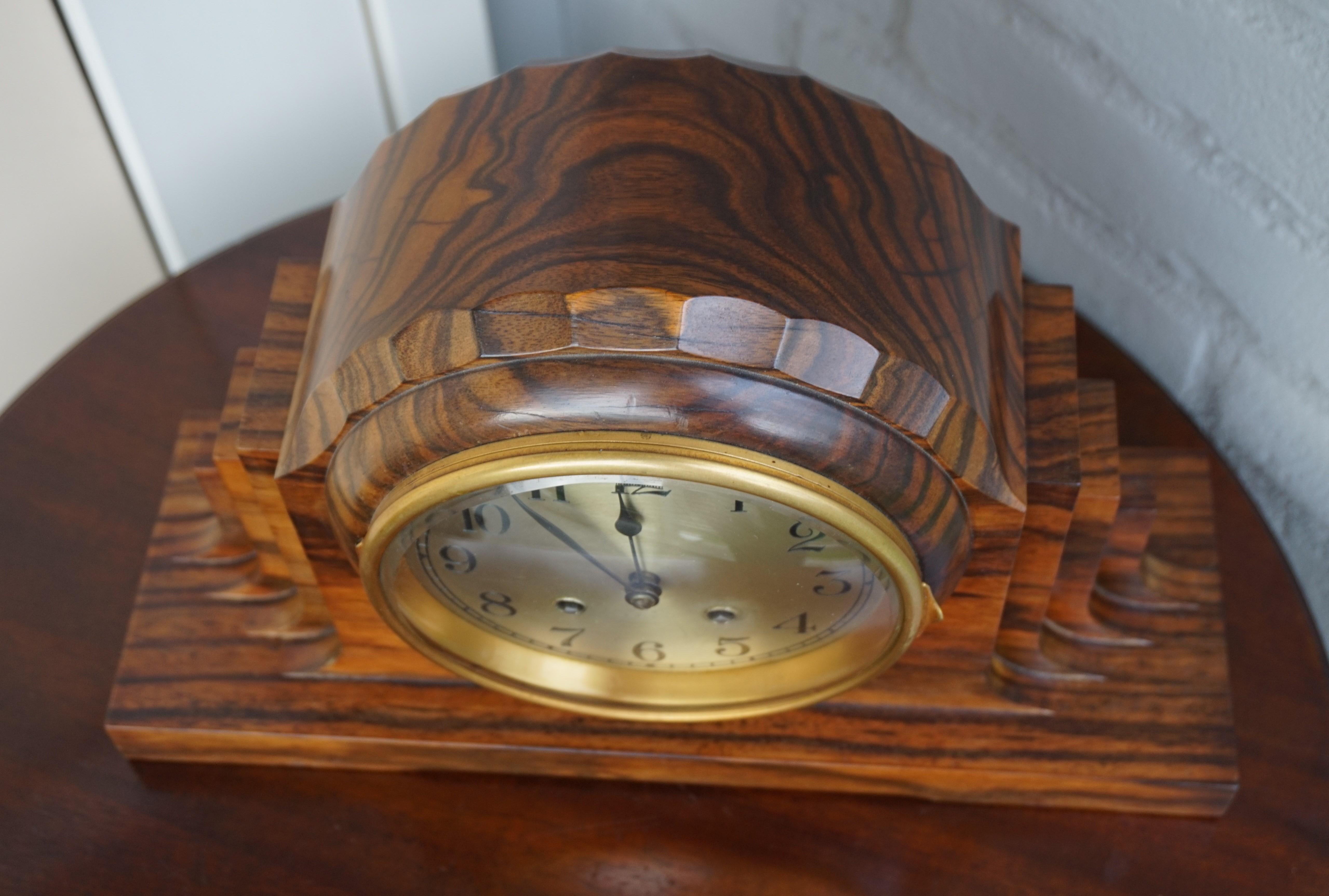 European Top Design 1920s Art Deco Mantel Clock Made of Solid Coromandel w. Beveled Glass For Sale