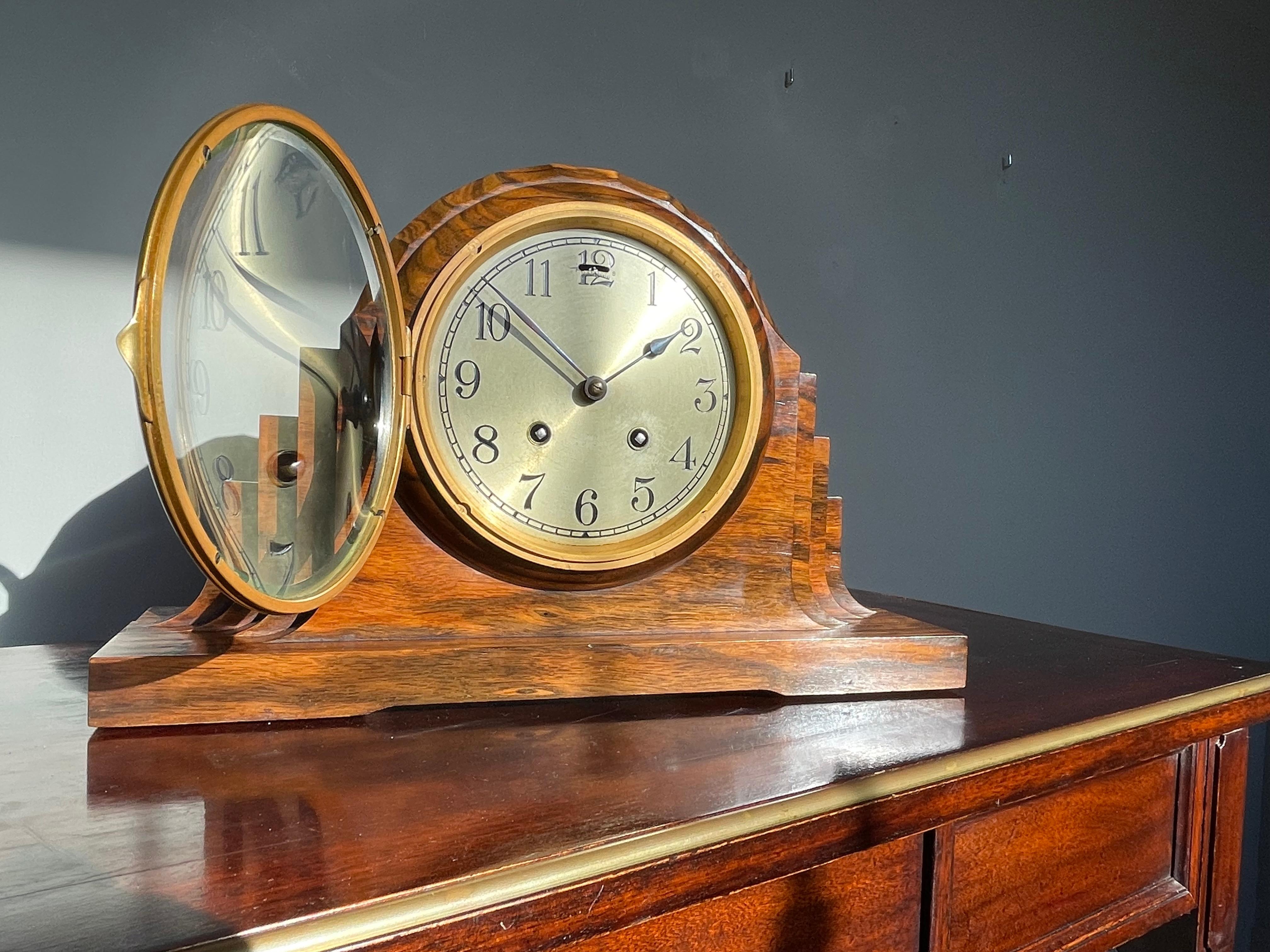 20th Century Top Design 1920s Art Deco Mantel Clock Made of Solid Coromandel w. Beveled Glass For Sale