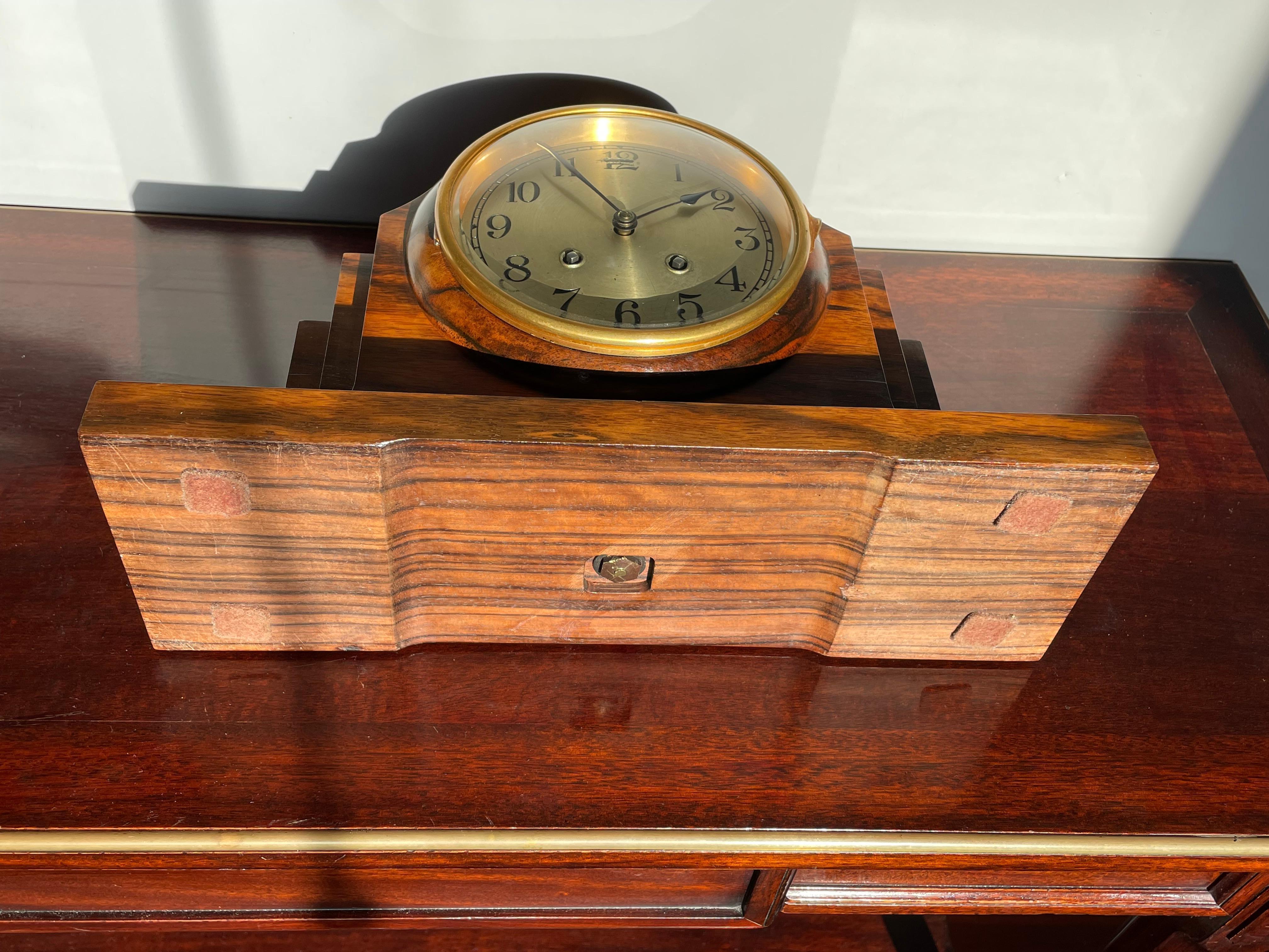 Brass Top Design 1920s Art Deco Mantel Clock Made of Solid Coromandel w. Beveled Glass For Sale