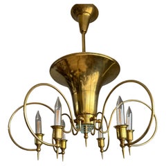Top Design & Large Art Deco Style Brass and Glass Eight-Light Chandelier