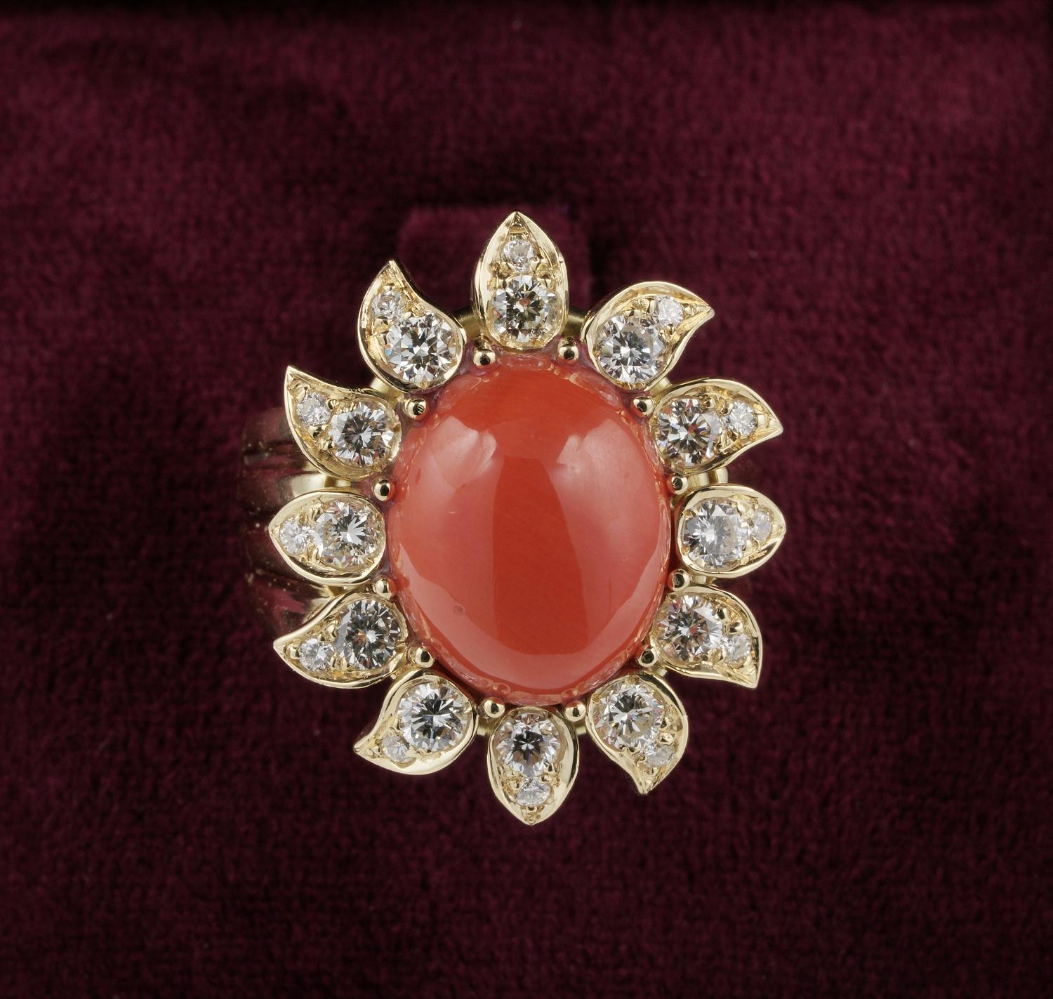 Luxury Coral

This top end quality 100% natural untreated Coral of amazing Red Salmon colour is the star of this ring
Large flower shaped, beautiful hand crafted as unique individual piece of heavy solid 18 KT gold, dates 1980 ca
Italian