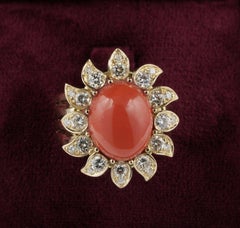 Top End 100% Natural Red Salmon Coral 1.10 Carat Diamond Flower Ring