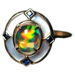 Top Fire Opal Art Deco Style Sapphire Engagement Ring 18K Yellow Gold
