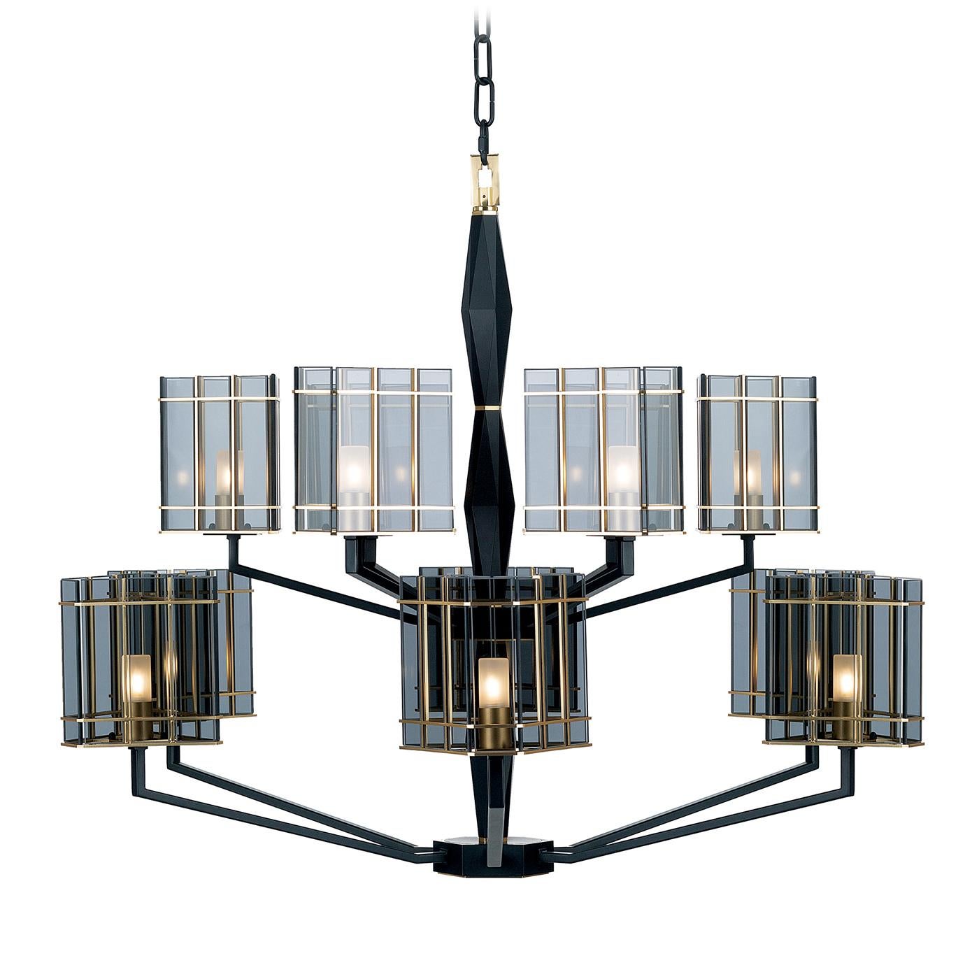 Part of the Top Glass collection, this striking chandelier features a chic art deco design that will be a timeless and sophisticated addition into any decor. Its metal structure has a black, matte finish and comprises a vertical element and two
