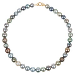 Top- Grad Tahiti-Perlenkette mit Diamantverschluss aus 18 Karat Gelbgold mit Diamantenbesatz
