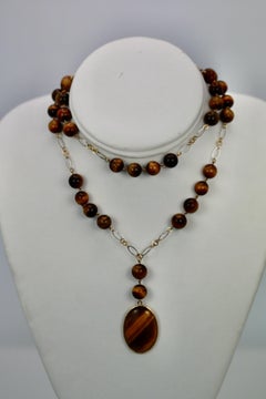 Top Grade Tigers Eye Necklace Both White Yellow 14 Karat Gold Unique Chain