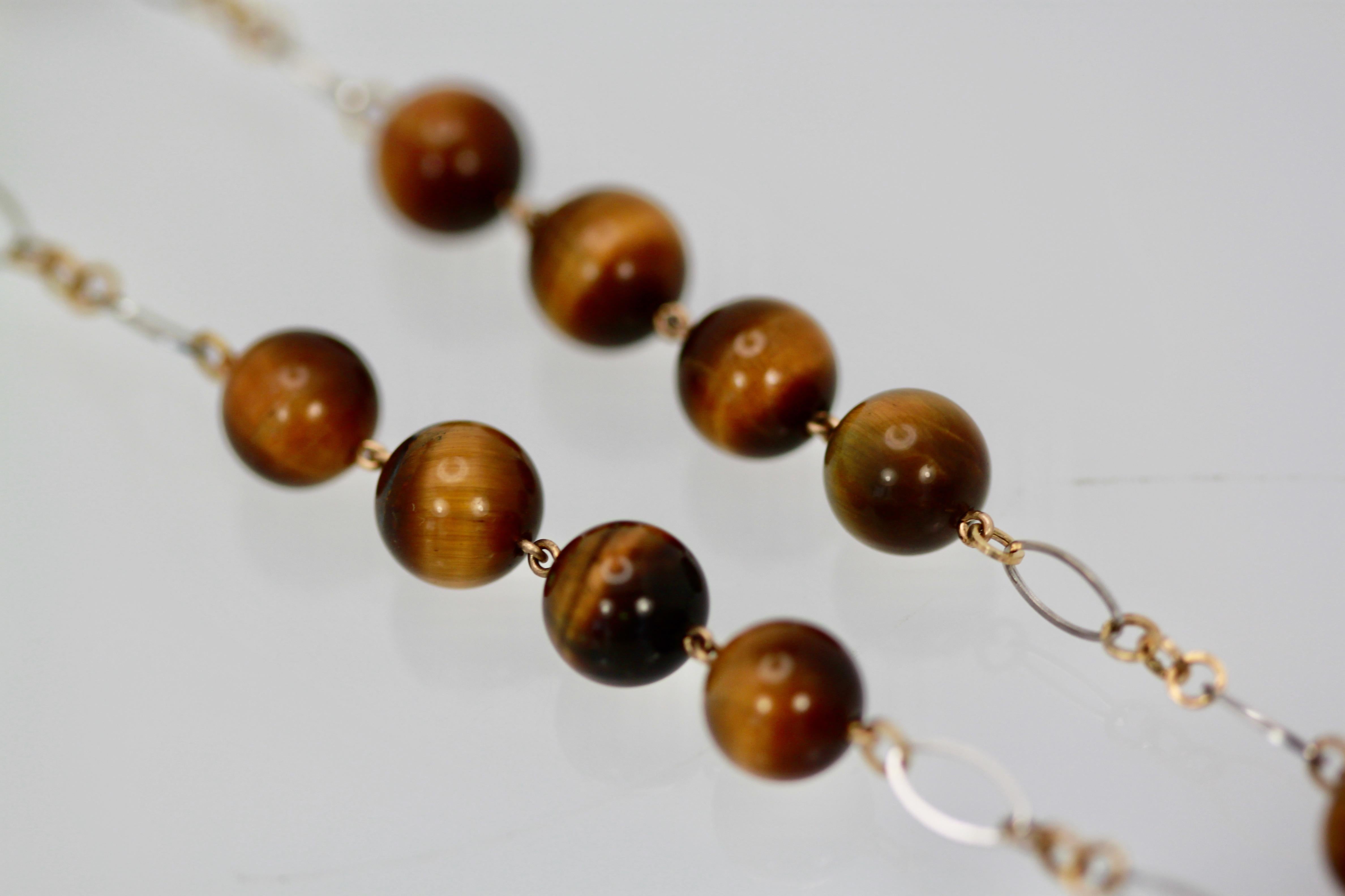Top Grade Tigers Eye Necklace Both White Yellow 14 Karat Gold Unique Chain In New Condition For Sale In North Hollywood, CA