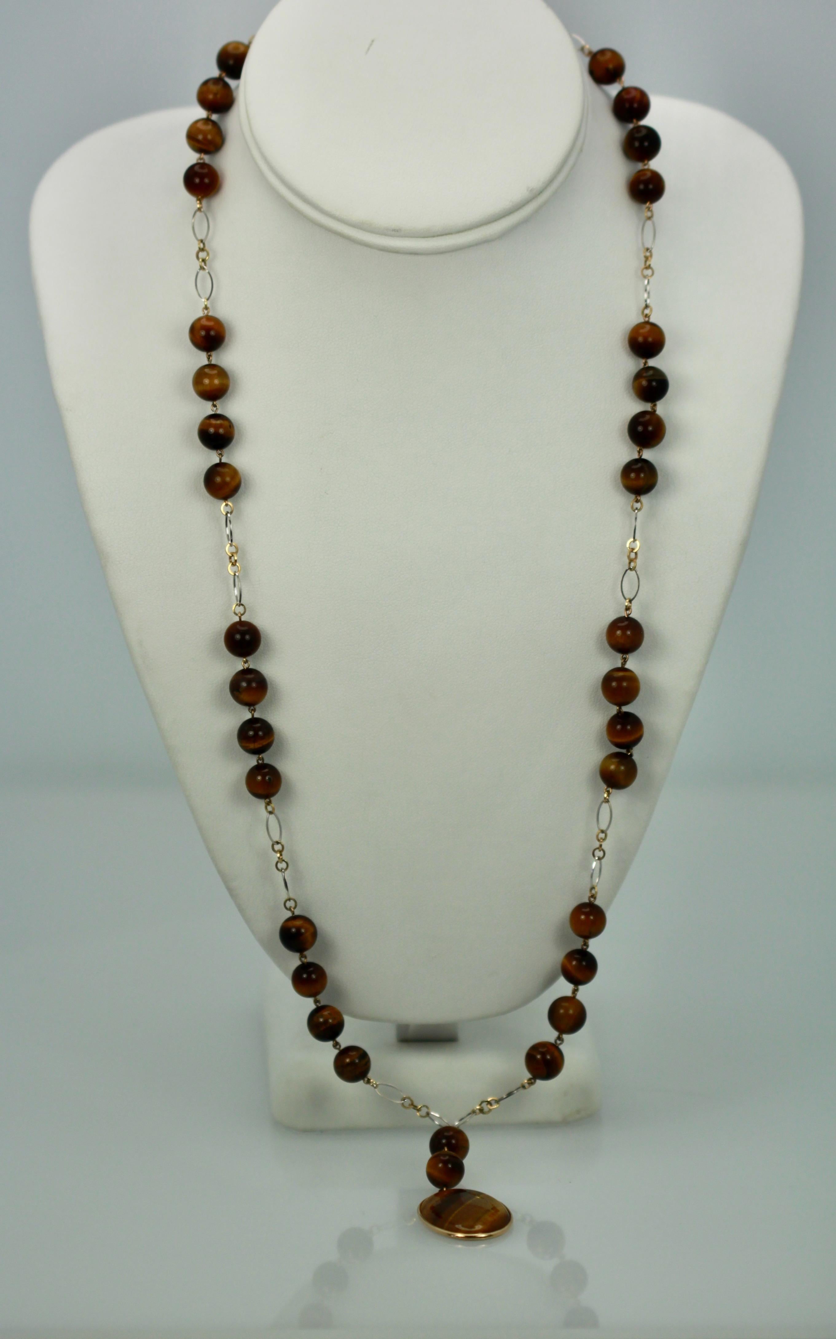 Top Grade Tigers Eye Necklace Both White Yellow 14 Karat Gold Unique Chain For Sale 2