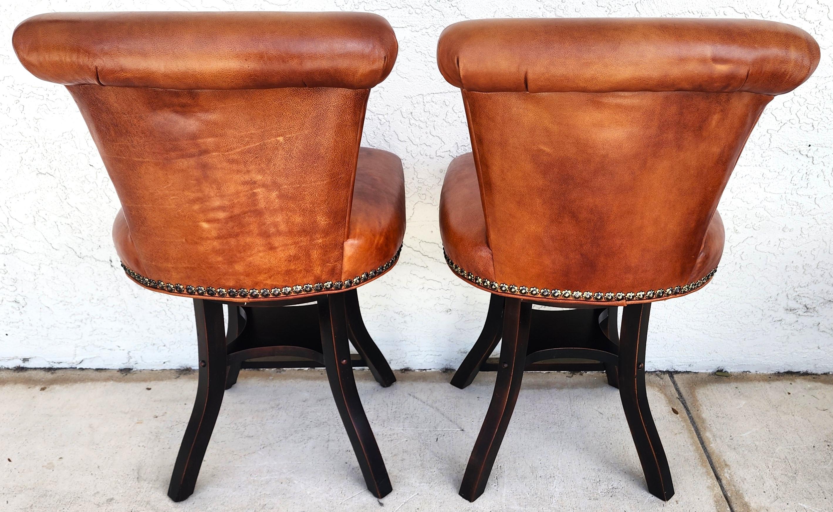 Mid-Century Modern Top Grain Leather Swivel Counter Stools Pair For Sale