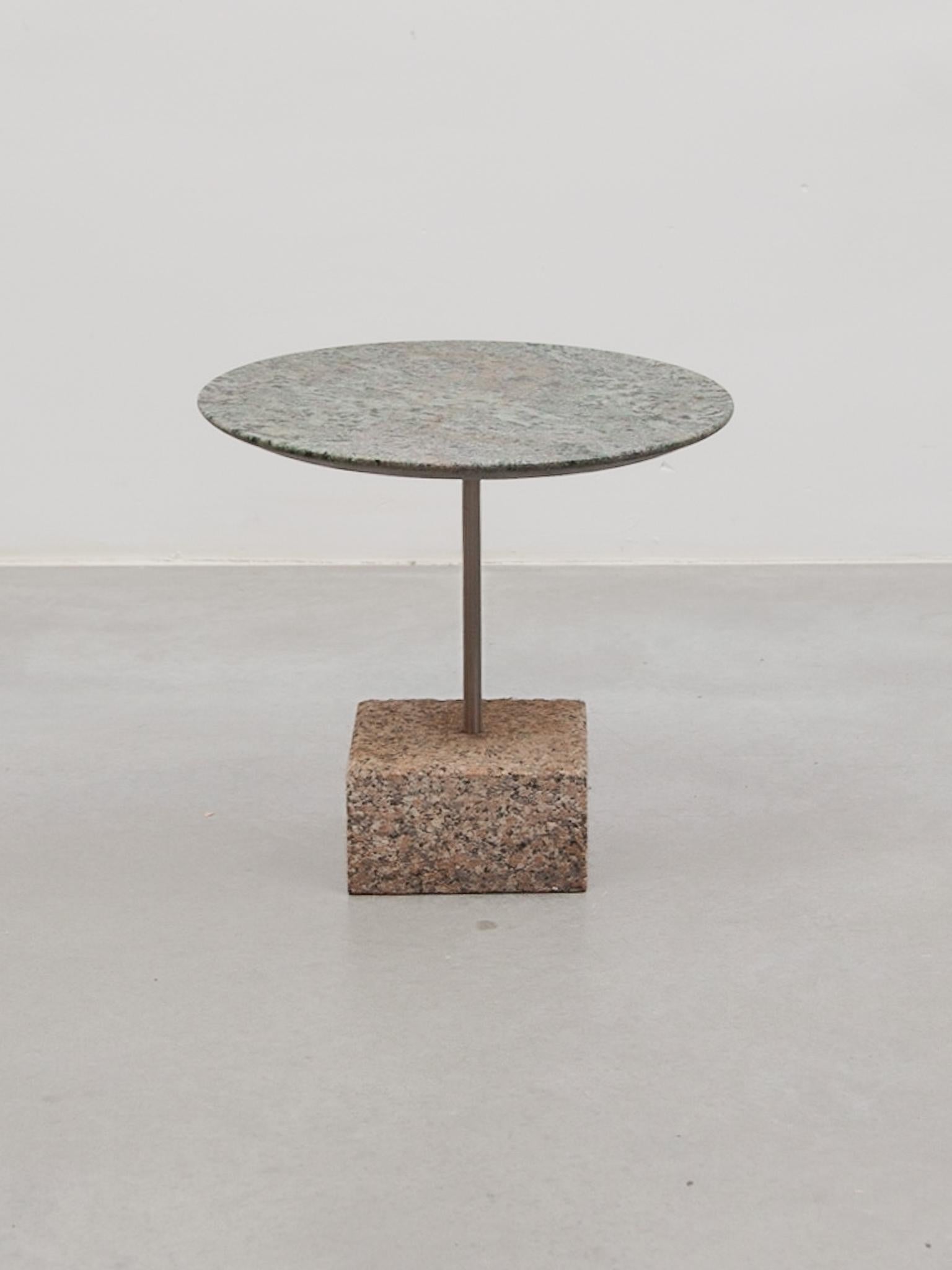Belgian Top Green Marble Brutalist Side Table and Grey Stone Marble Base  For Sale