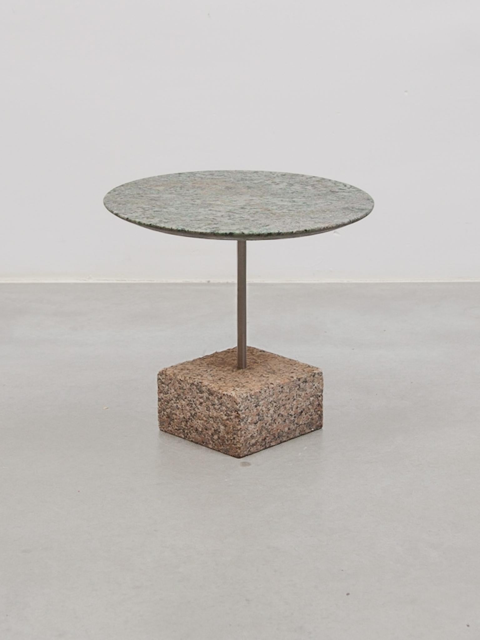 Hand-Crafted Top Green Marble Brutalist Side Table and Grey Stone Marble Base  For Sale