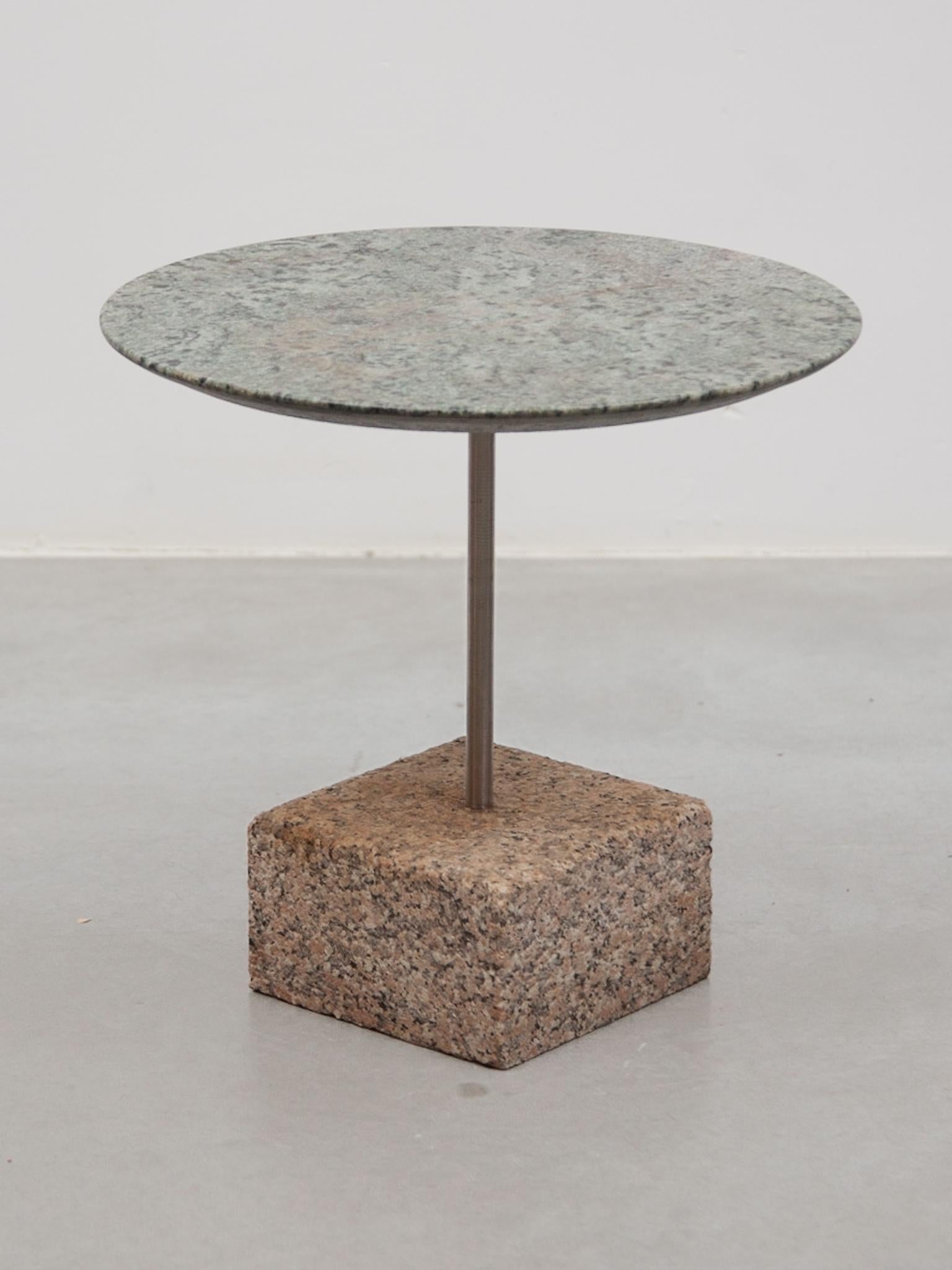 Metal Top Green Marble Brutalist Side Table and Grey Stone Marble Base  For Sale