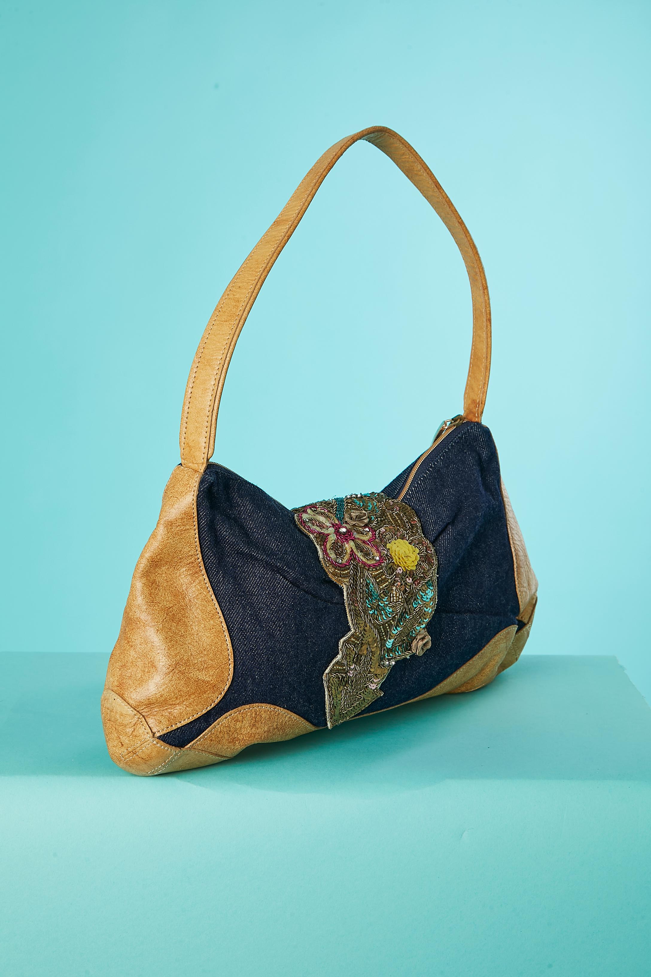 Top handle bag in denim and leather with flap embroideries Christian Lacroix  In Excellent Condition For Sale In Saint-Ouen-Sur-Seine, FR