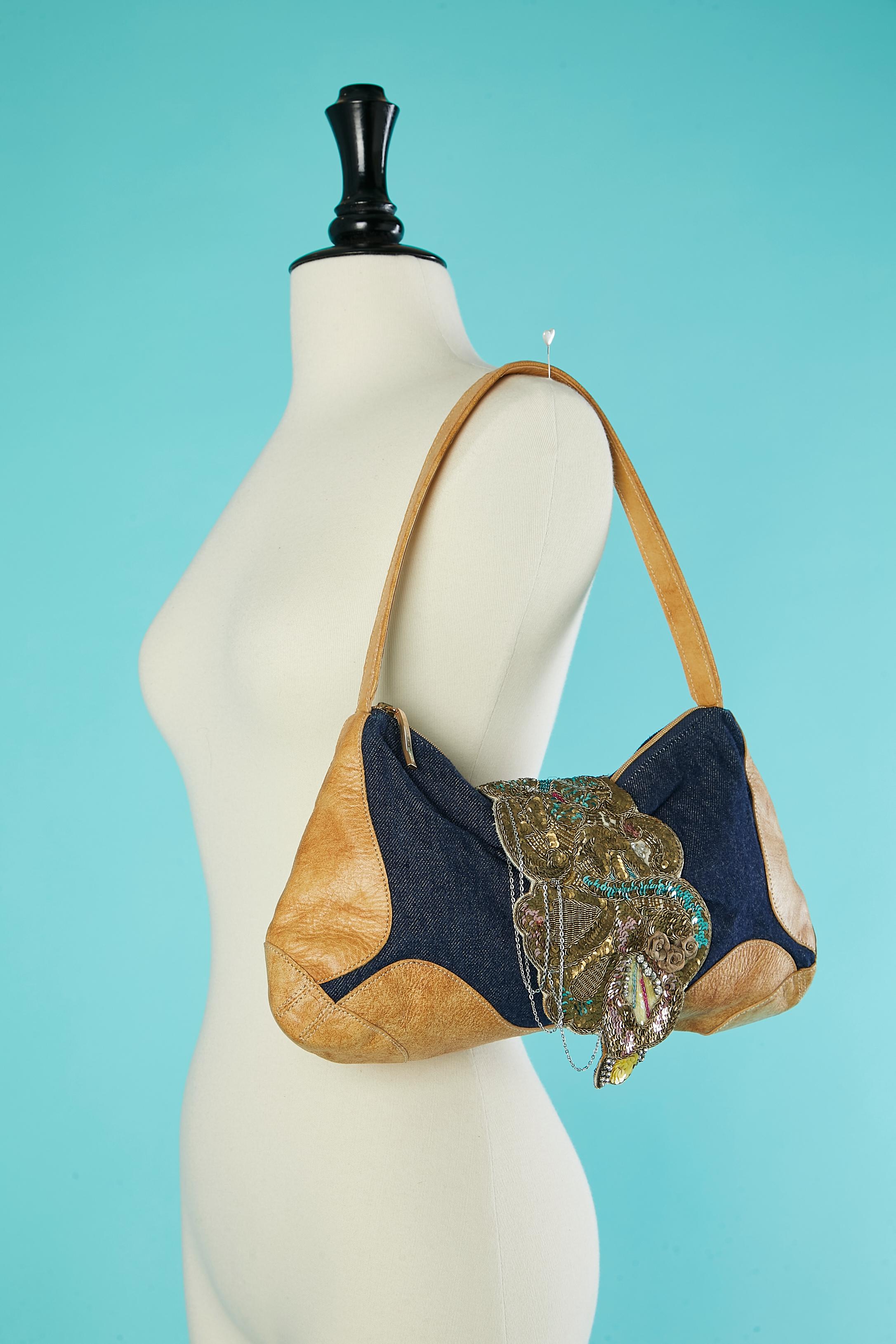 Top handle bag in denim and leather with flap embroideries Christian Lacroix  For Sale 1