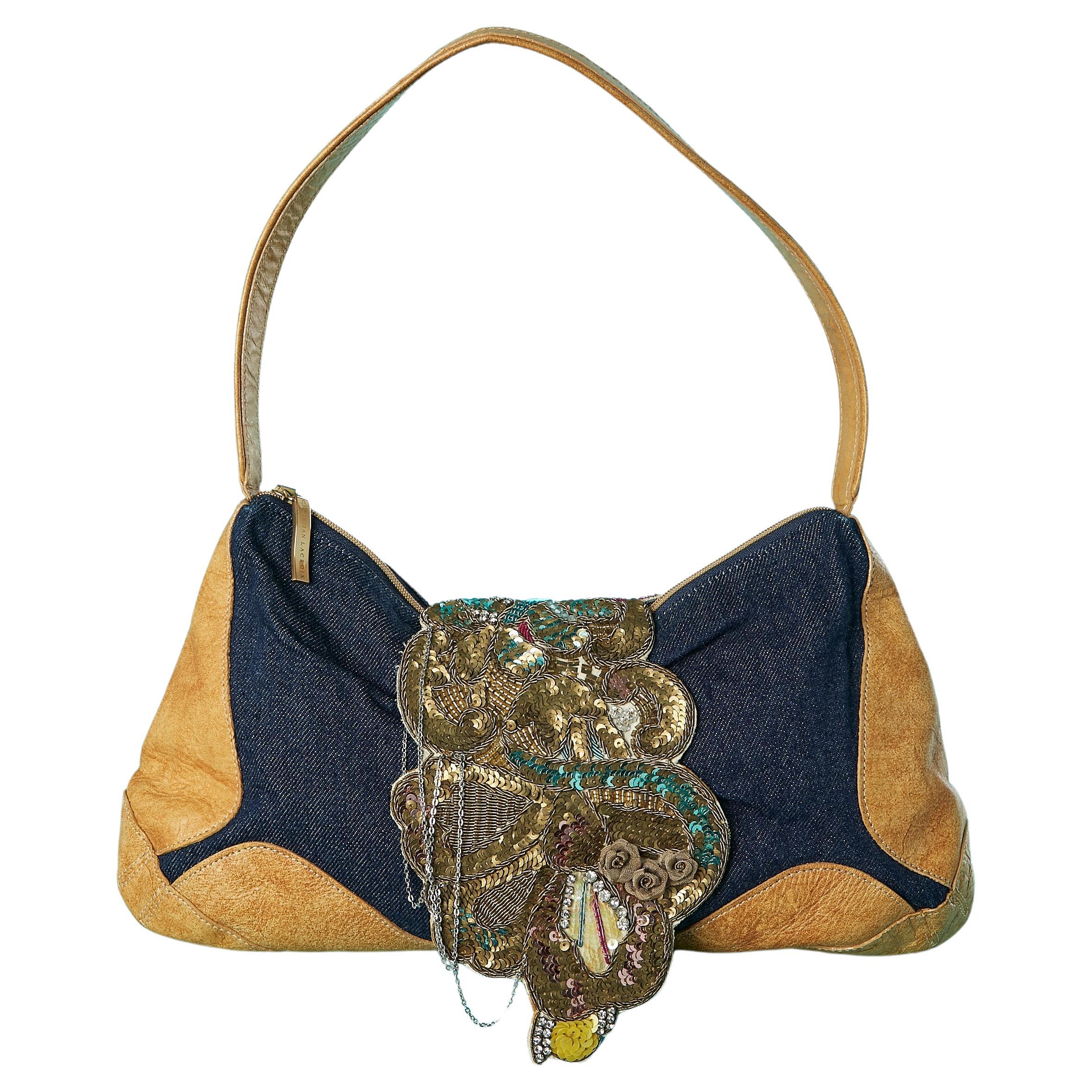 Top handle bag in denim and leather with flap embroideries Christian Lacroix  For Sale