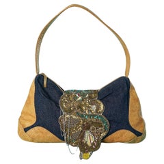 Top handle bag in denim and leather with flap embroideries Christian Lacroix 