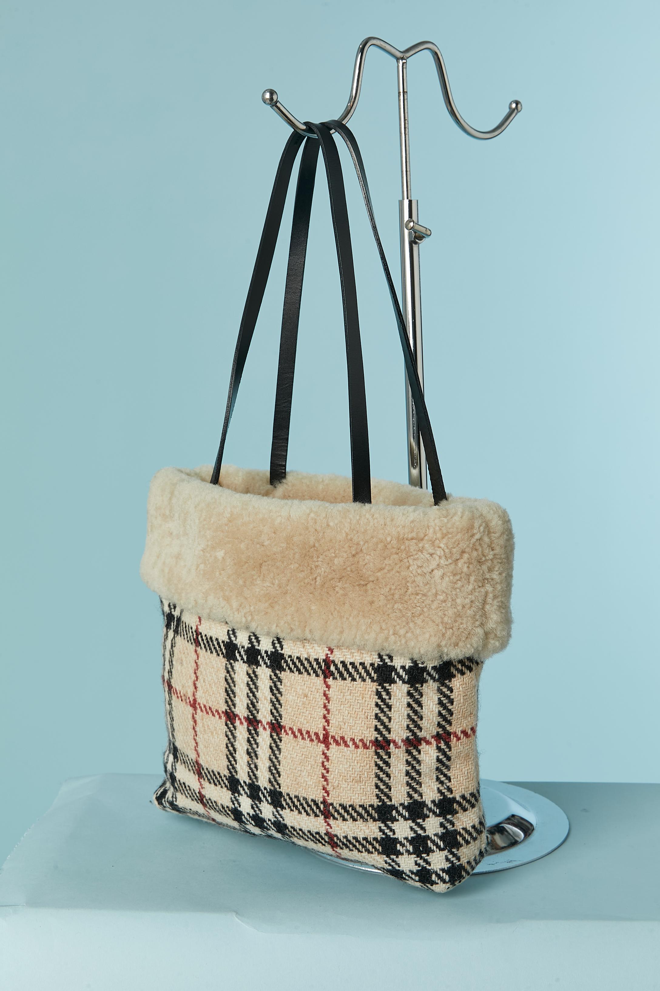 Brown Top handle bag with wool tartan and shearling Burberry London For Sale