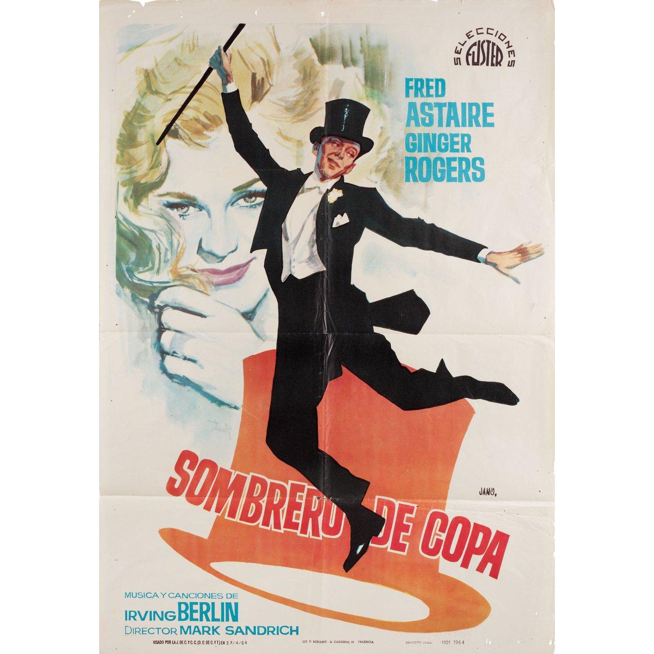 Original 1964 re-release Spanish B1 poster by Jano for the 1935 film Top Hat directed by Mark Sandrich with Fred Astaire / Ginger Rogers / Edward Everett Horton / Erik Rhodes. Good-Very Good condition, folded with bleed through. Many original