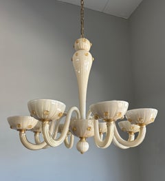 Top Mid-Century Murano Art Glass 8-Light Cream White and Amber Color Chandelier