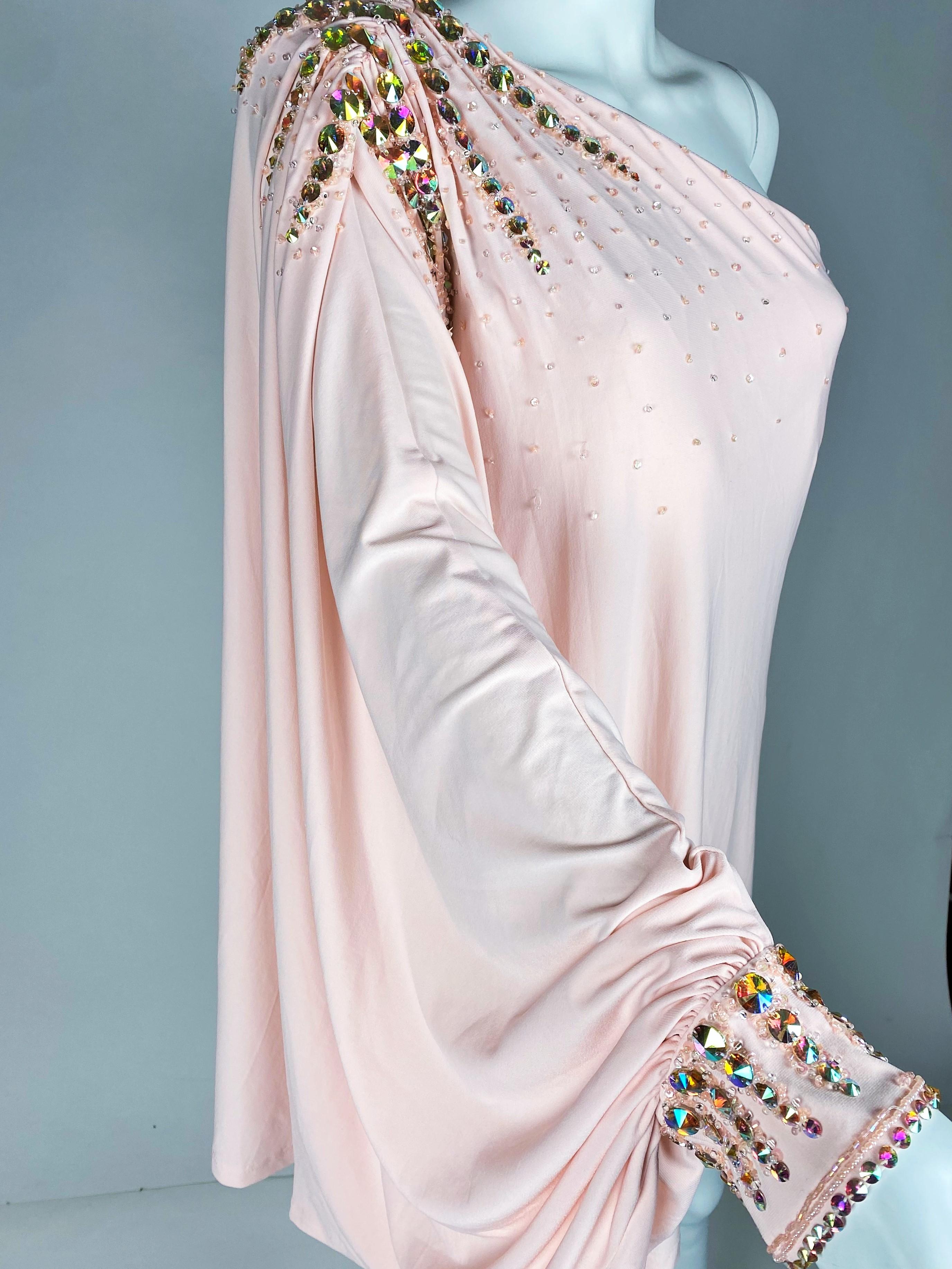 Top or Mini-Mini Dress in pink Lycra embroidered with rhinestones - French 1980s For Sale 5