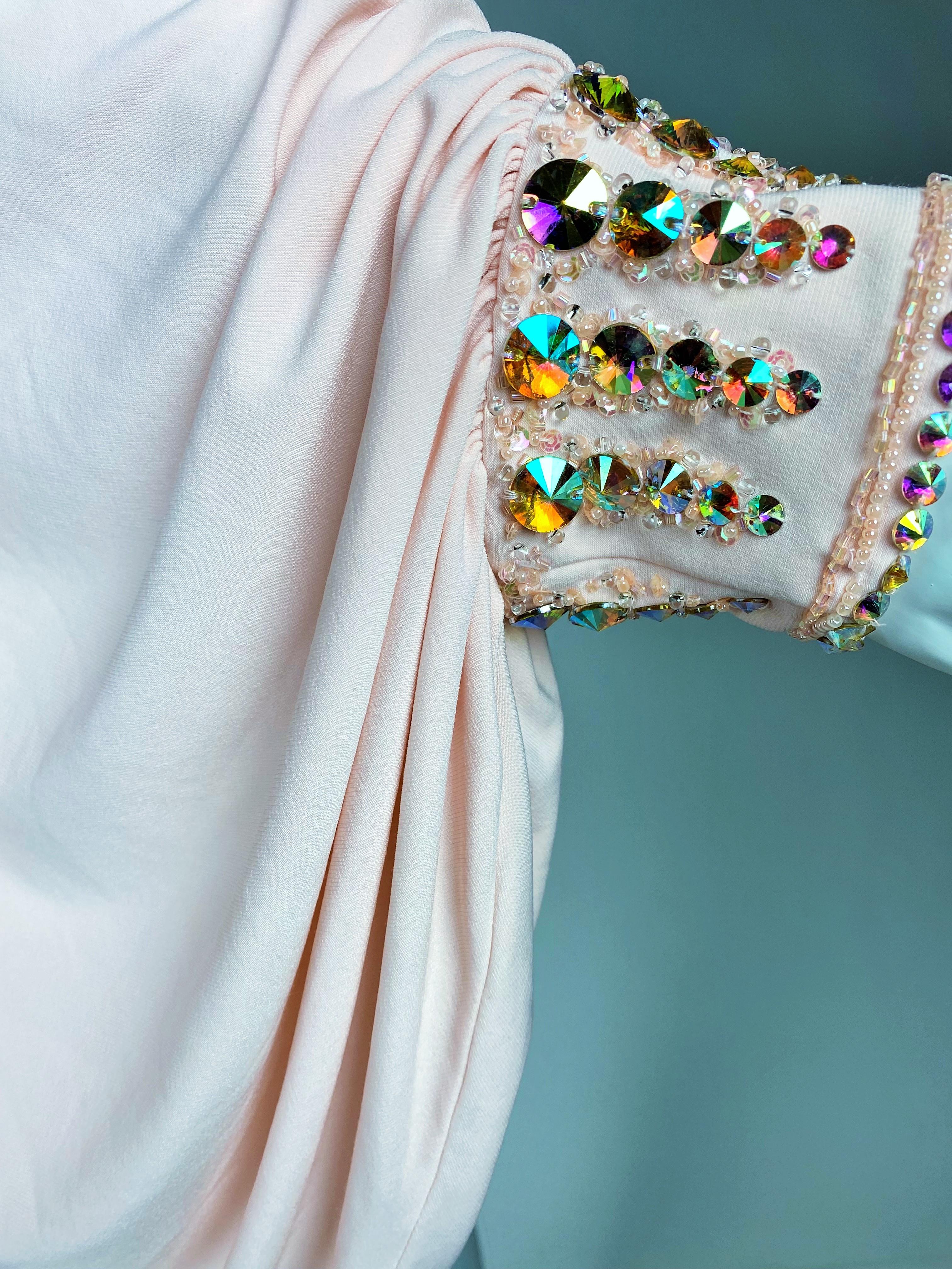 Top or Mini-Mini Dress in pink Lycra embroidered with rhinestones - French 1980s For Sale 7