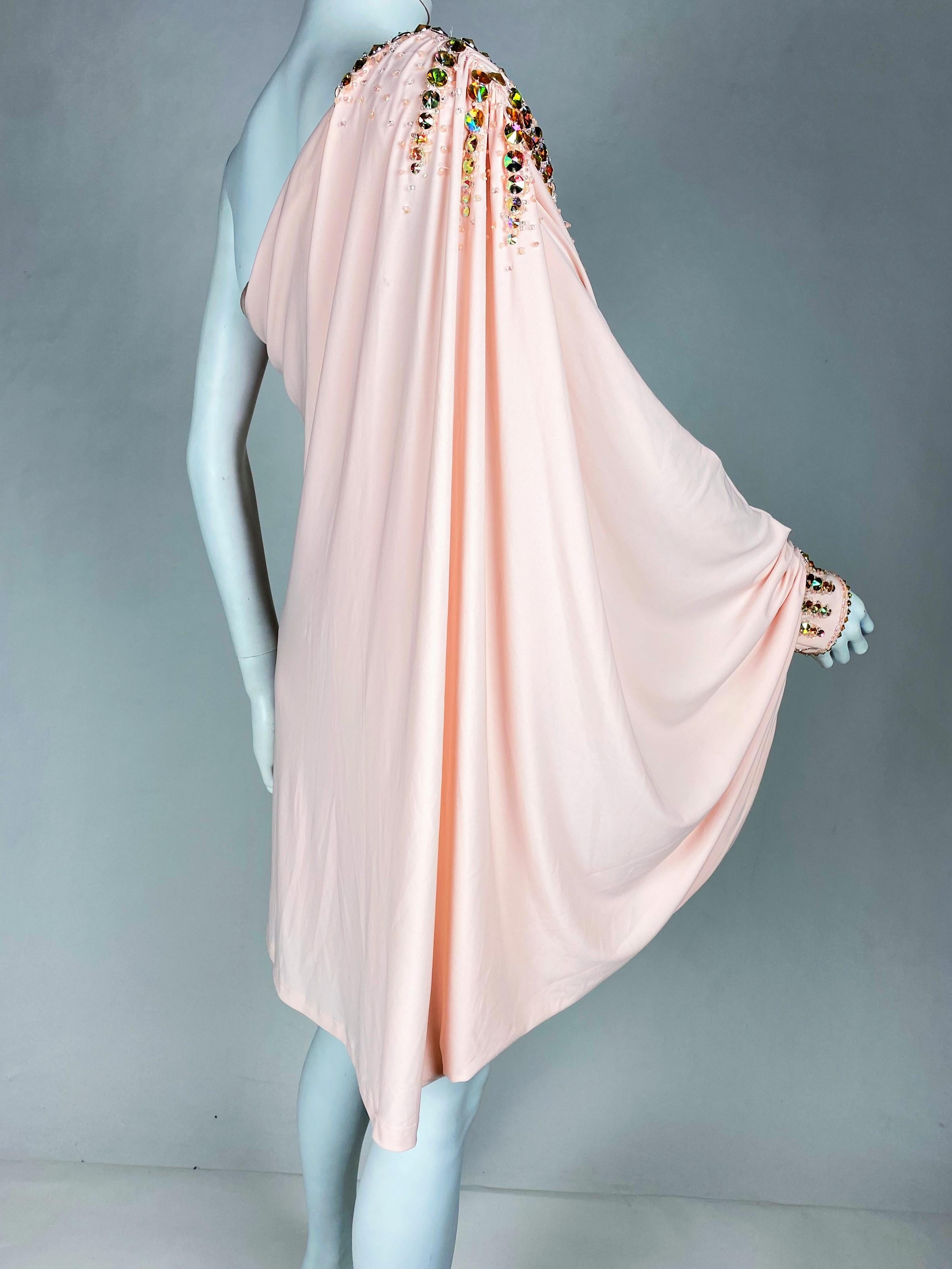 Top or Mini-Mini Dress in pink Lycra embroidered with rhinestones - French 1980s For Sale 8
