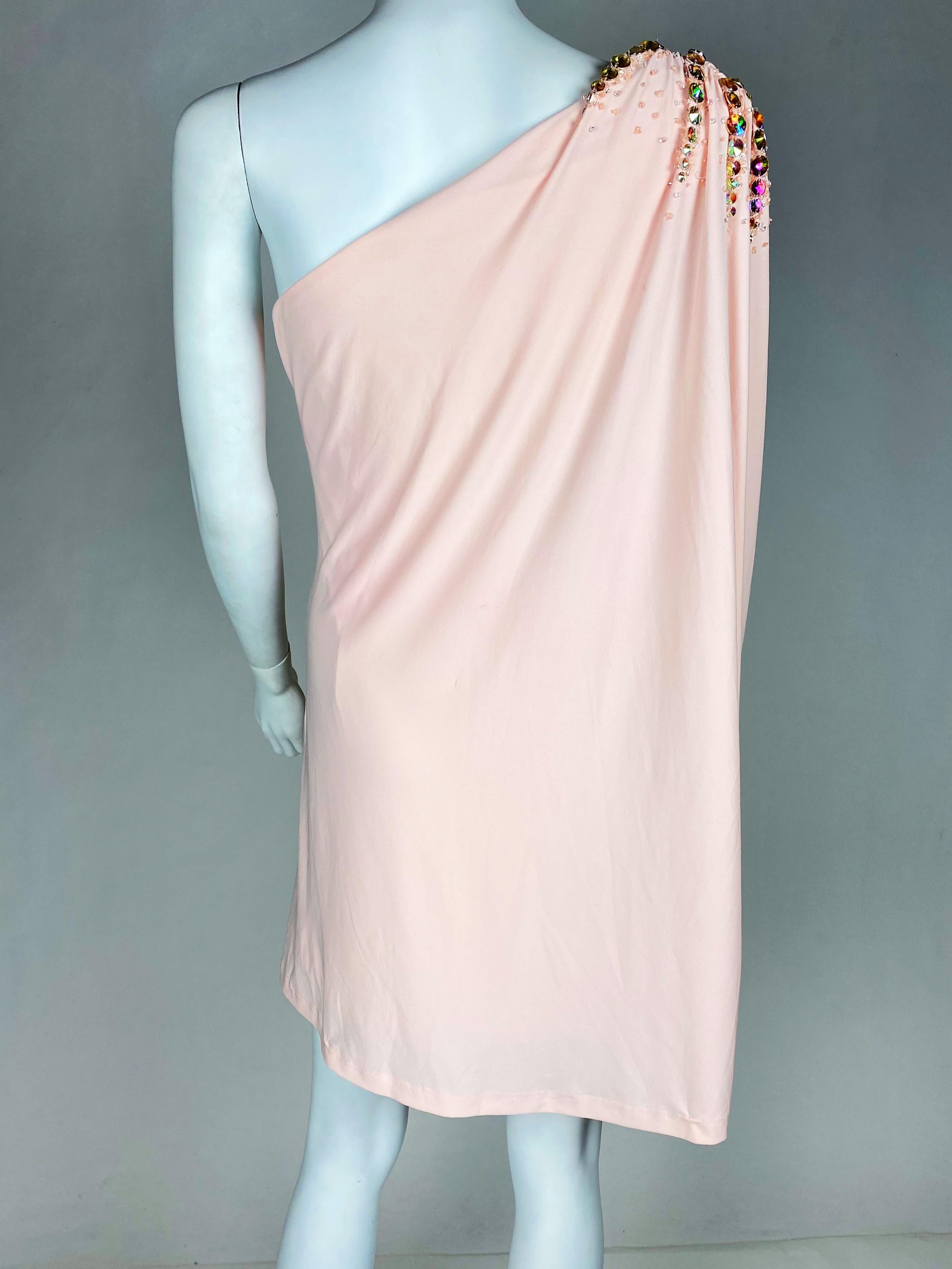 Top or Mini-Mini Dress in pink Lycra embroidered with rhinestones - French 1980s For Sale 9