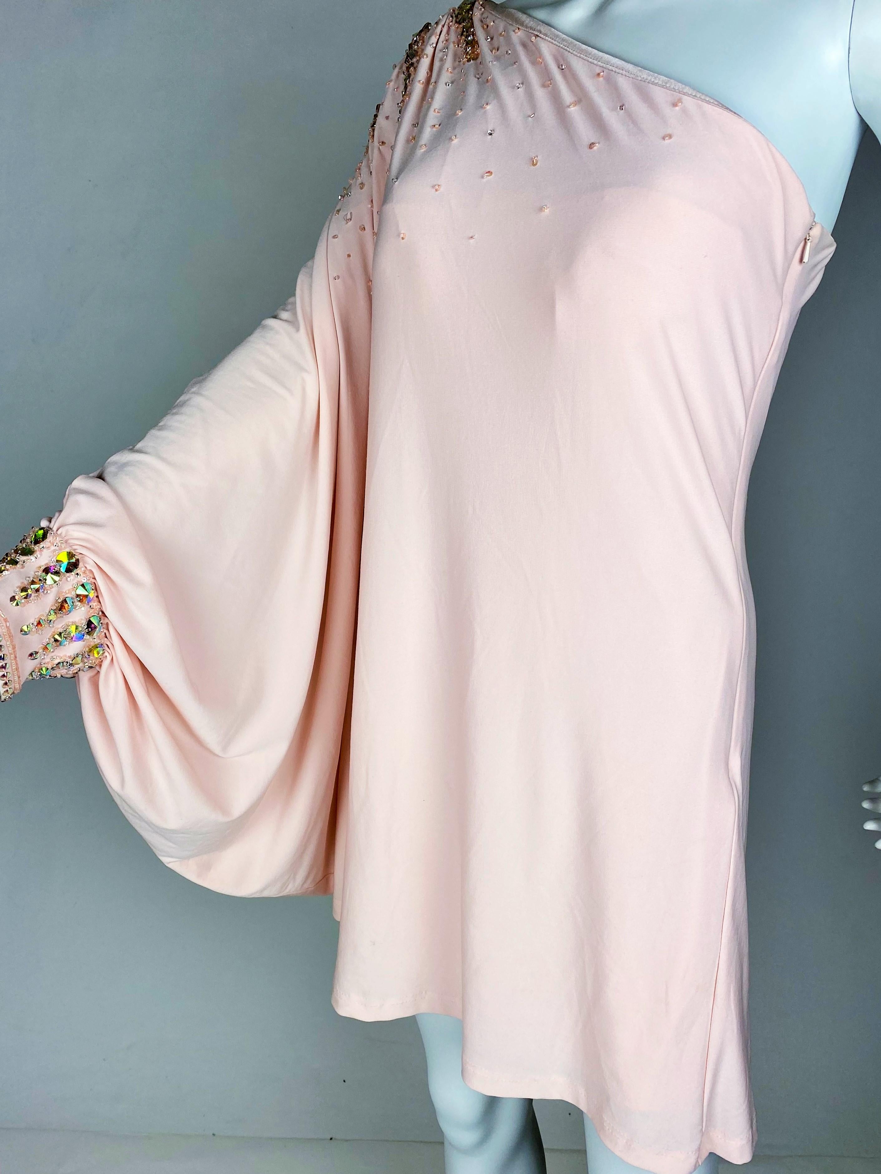 Top or Mini-Mini Dress in pink Lycra embroidered with rhinestones - French 1980s For Sale 10
